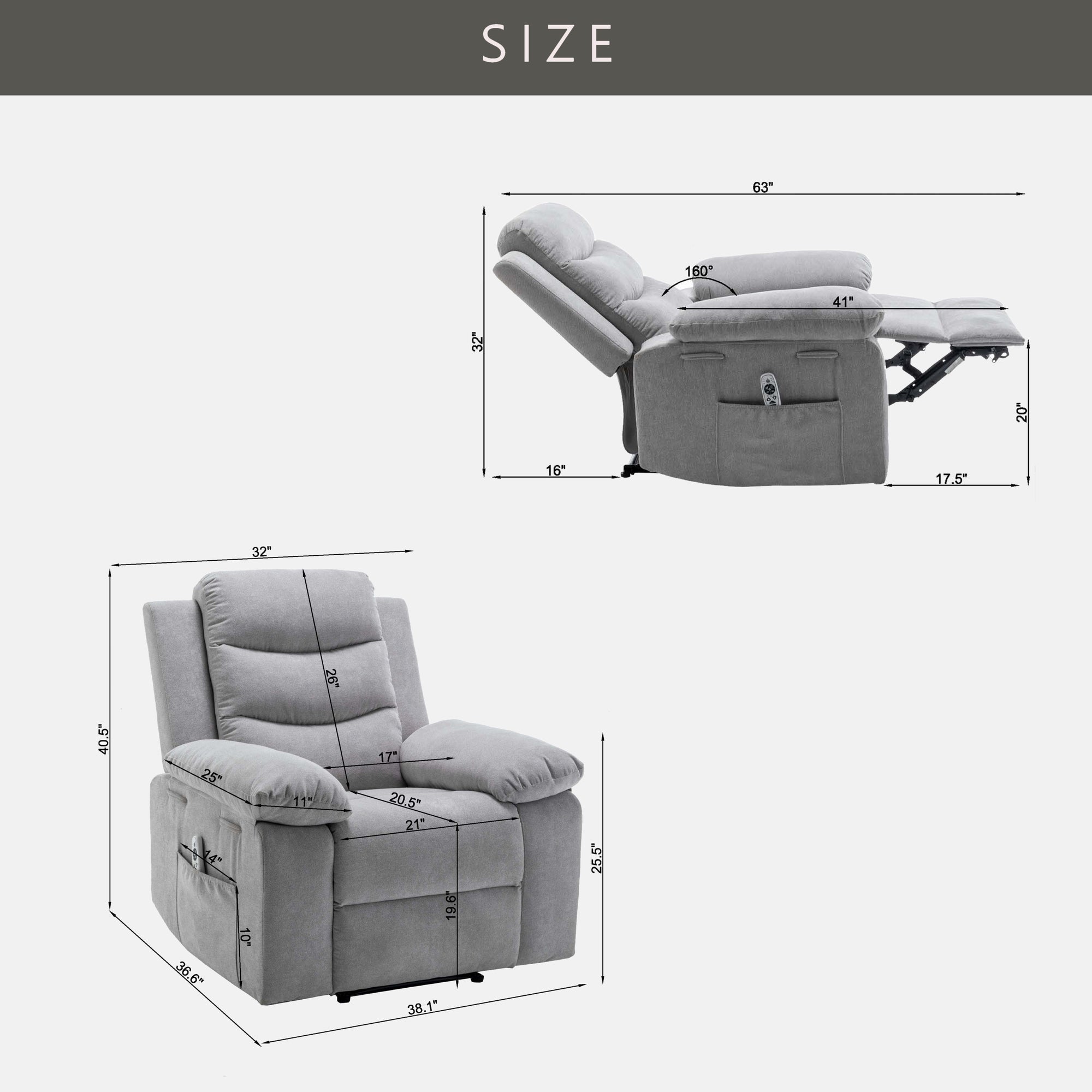 Power Recliner Chair with Adjustable Massage and Heating Function In Light Gray Velvet