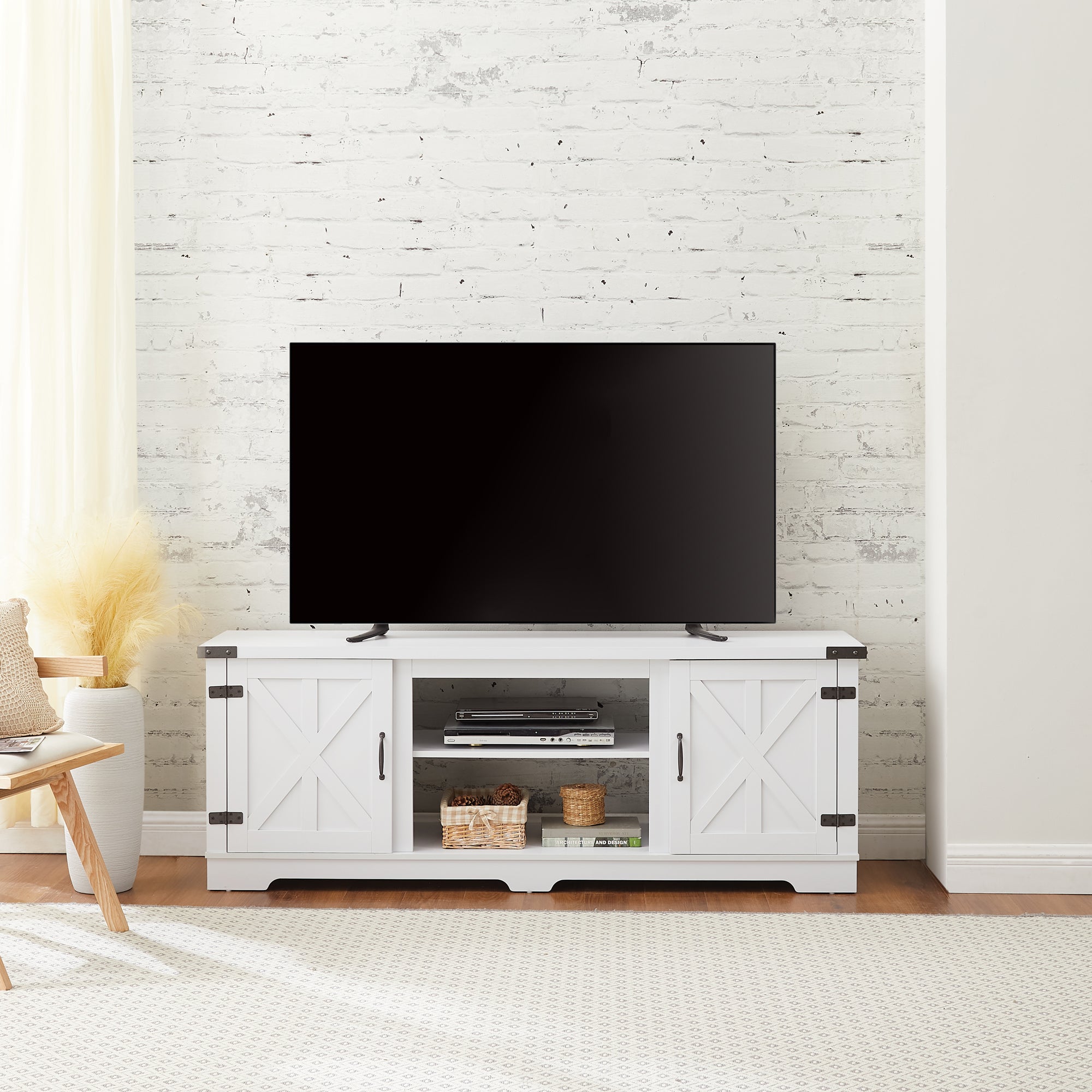 Modern Farmhouse TV Media Stand for TVs Up to 70 Inch with Open Shelves and Closed Cabinets In White