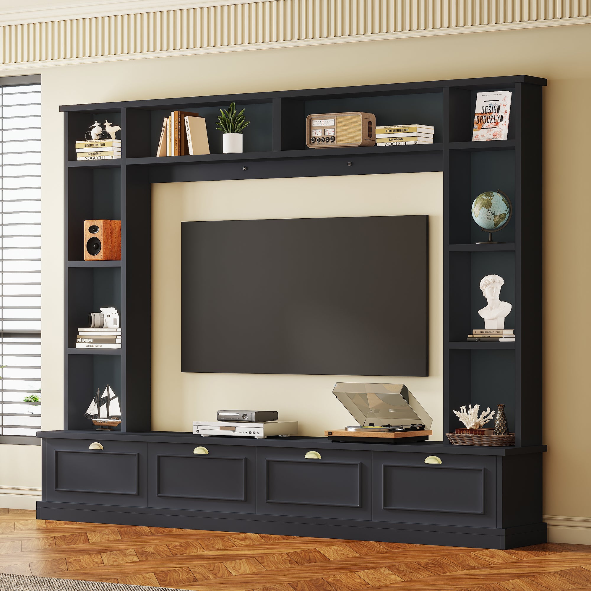 Large Wall Unit Entertainment Center for TVs Up to 78 Inch Modern TV Console with Shelves and Cabinets In Black