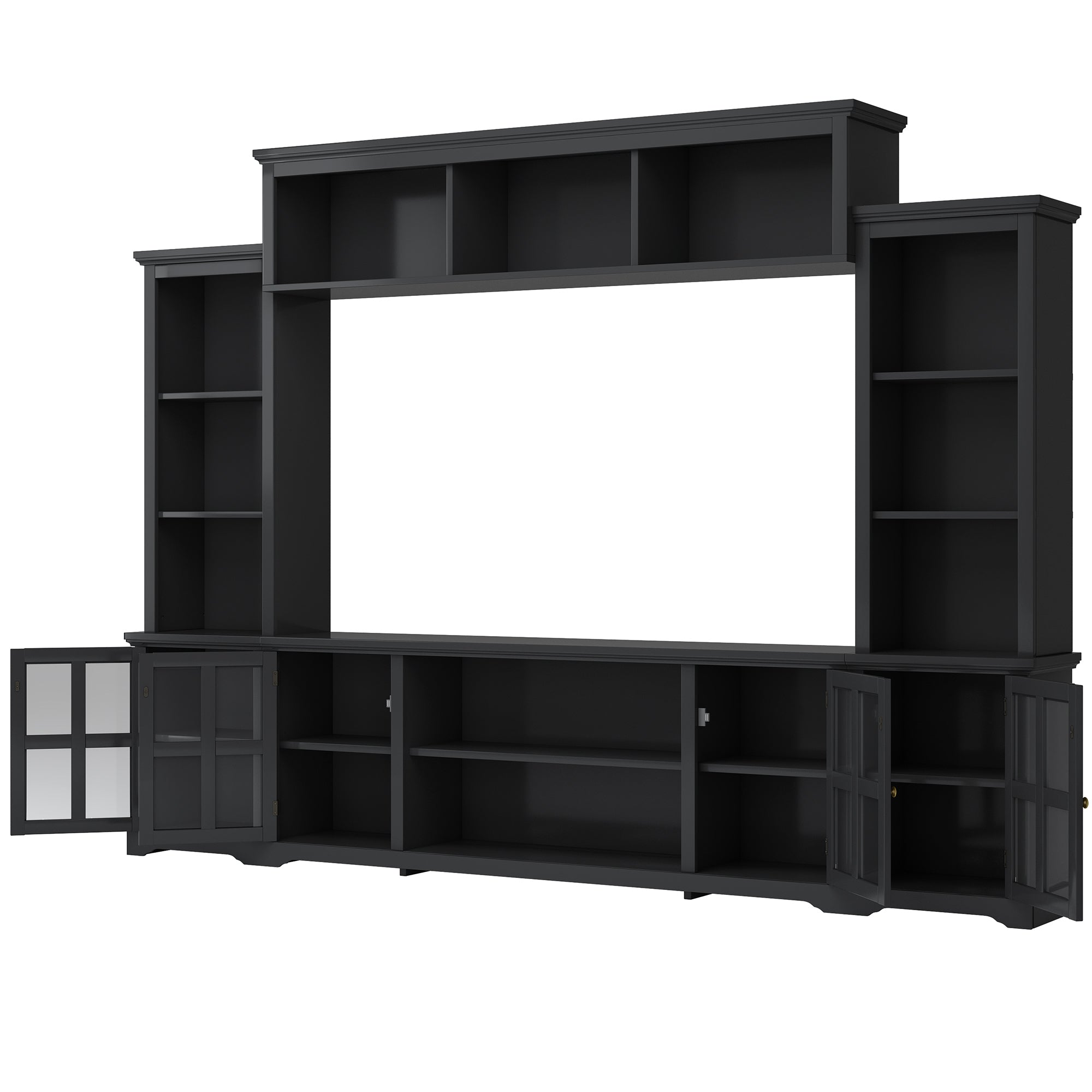 TV Stand Featuring Particle Board and Tempered Glass In Black