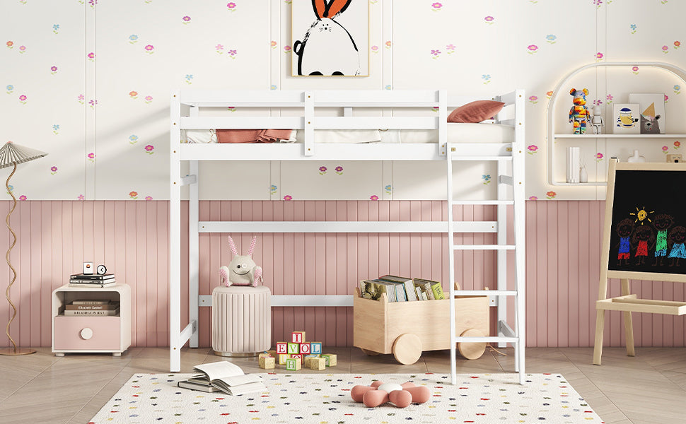 White Twin Size High Loft Bed with Inclined Ladder and Guardrails