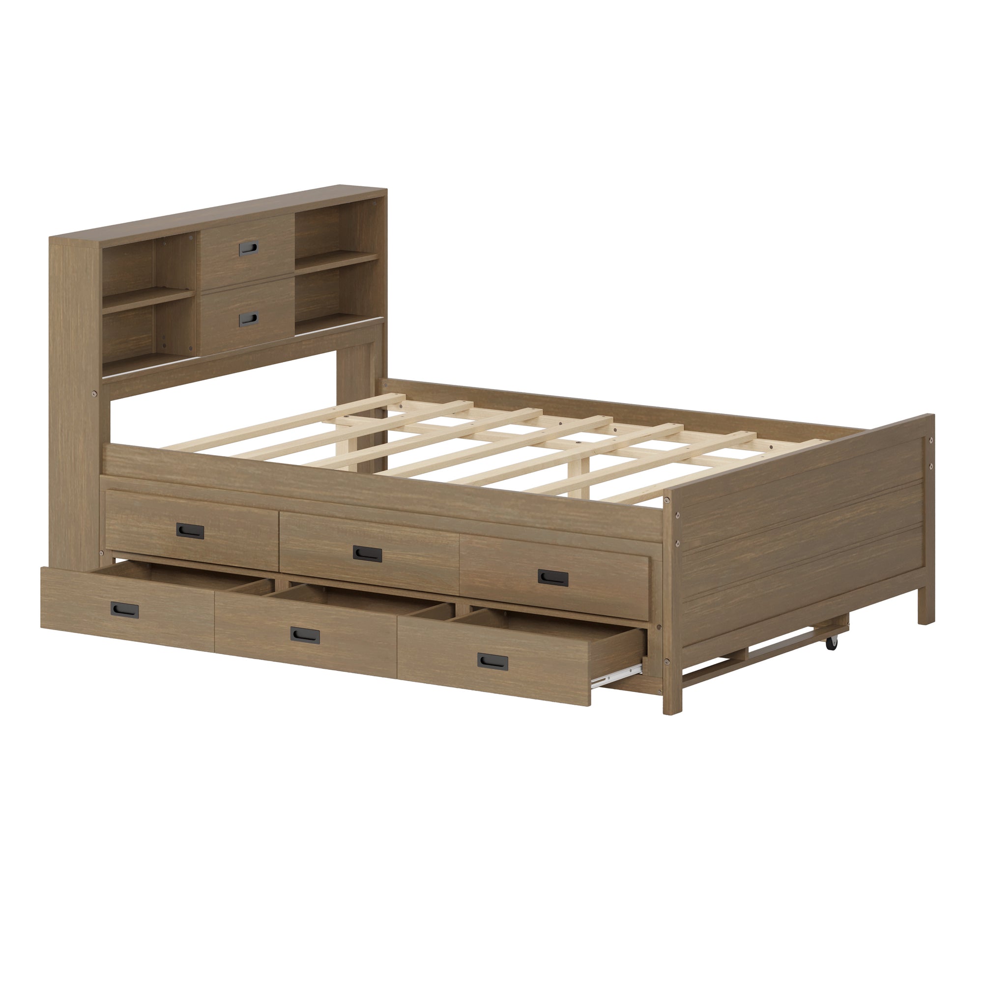 Walnut Finish Full Wooden Bed Frame with Trundle, Drawers, and Storage Headboard