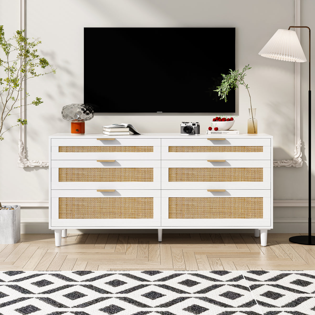 60&quot; Rattan Dresser With Six Drawers with White Accents