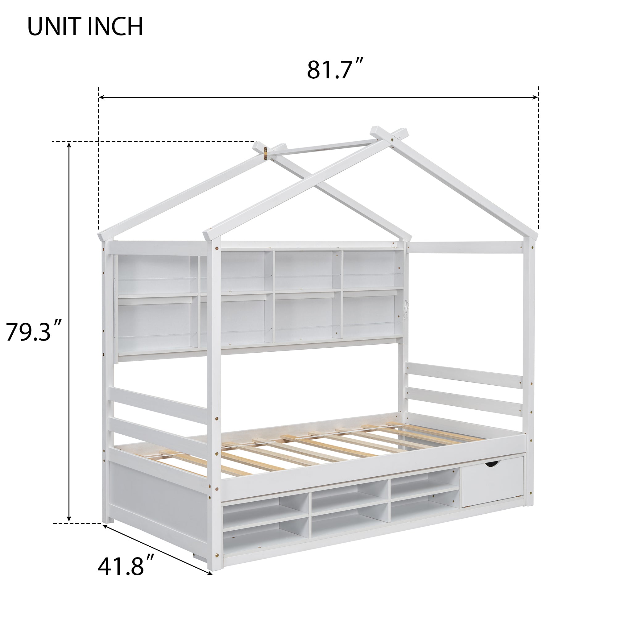 Twin Bed with Roof, Bedside Shelves, and Under-Bed Storage in White