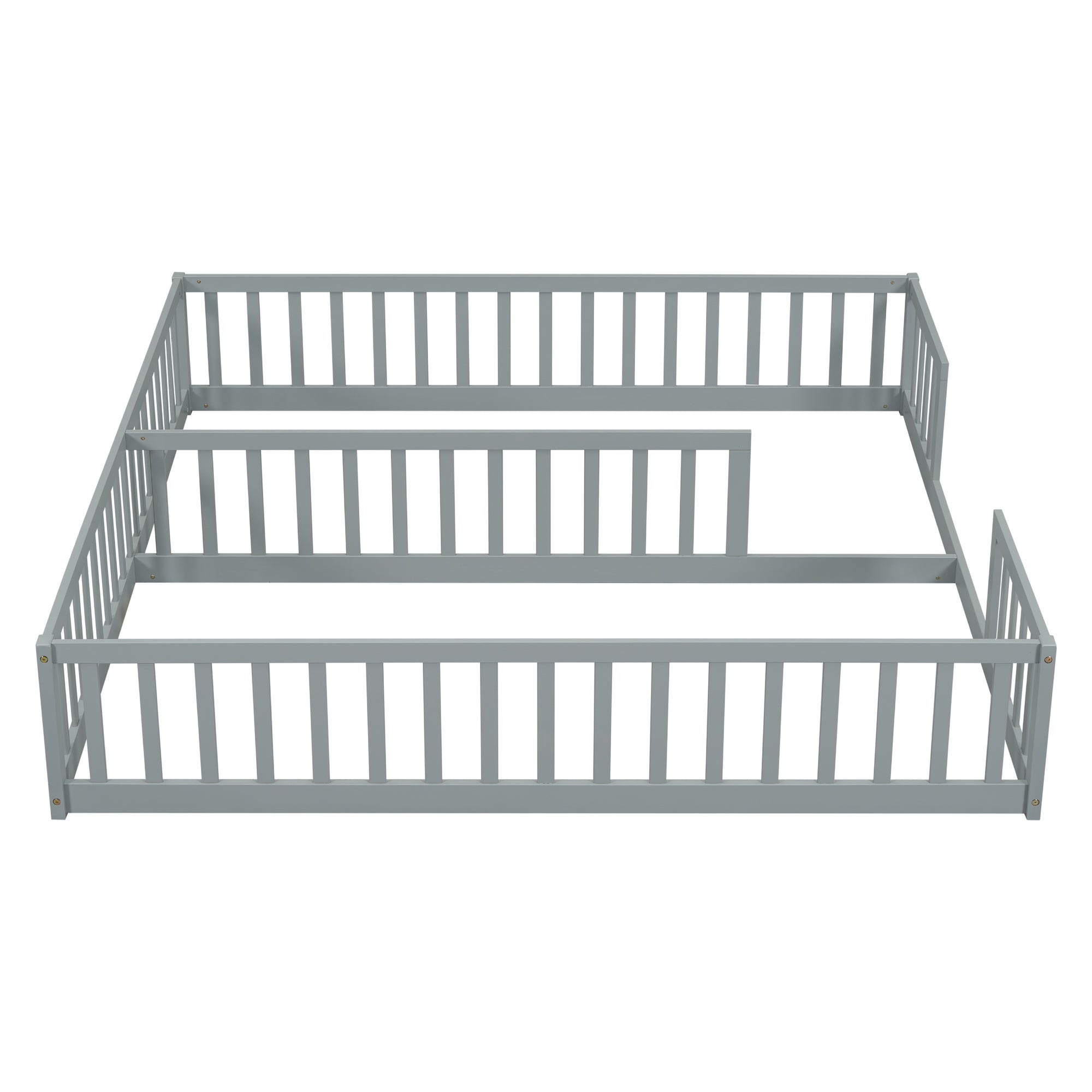 Gray Double Twin Toddler Floor Bed with Fence and Guardrails