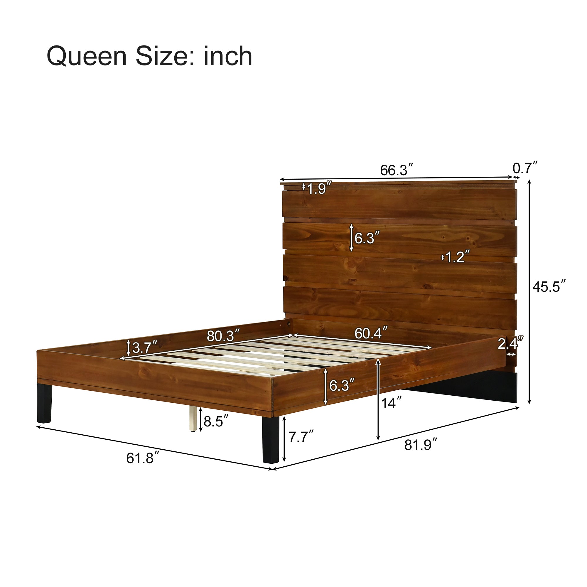 Mid-Century Modern Queen Bed with Six-Piece Solid Pinewood Headboard in Brown