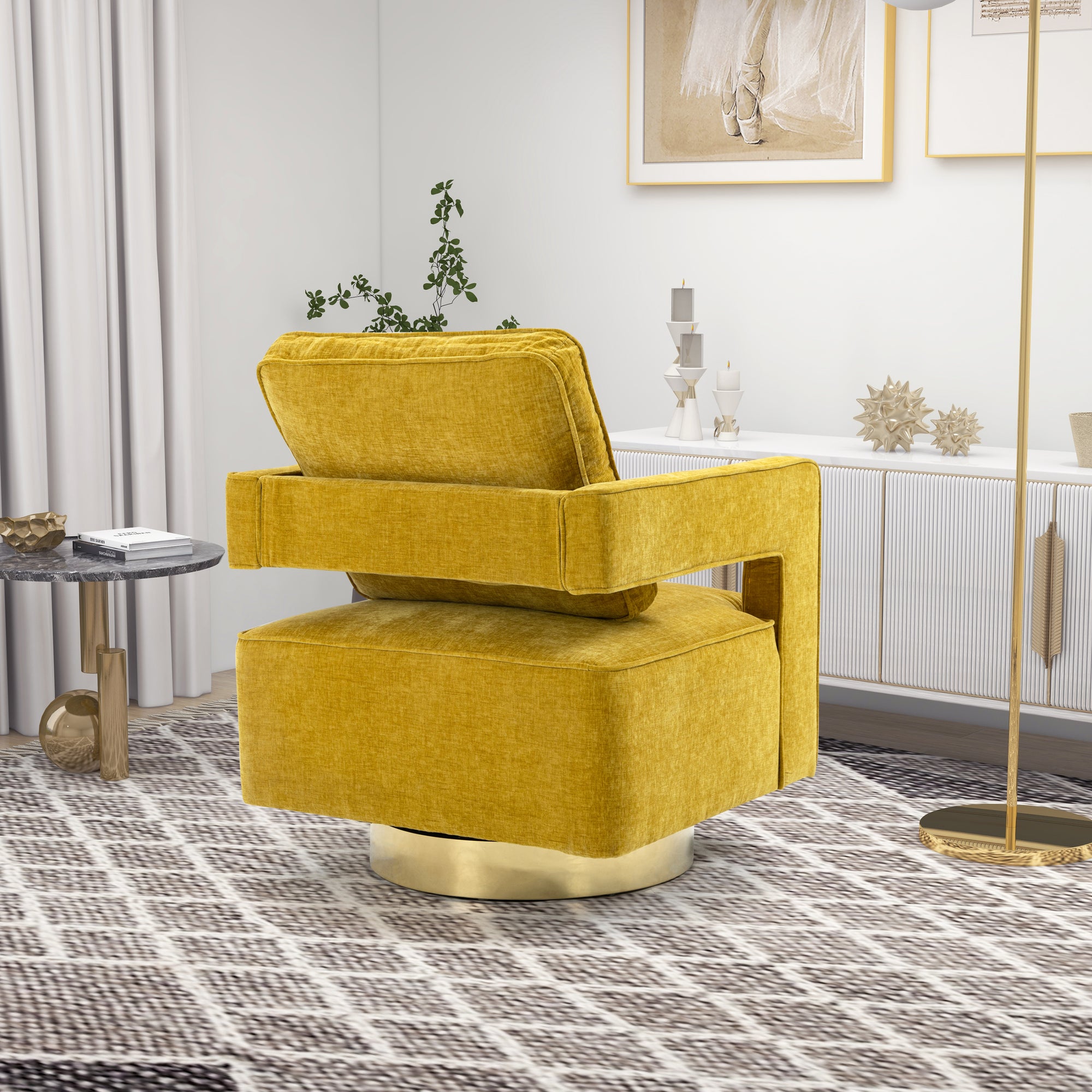 Open Back Mustard Chenille Swivel Accent Chair With Gold Stainless Steel Base