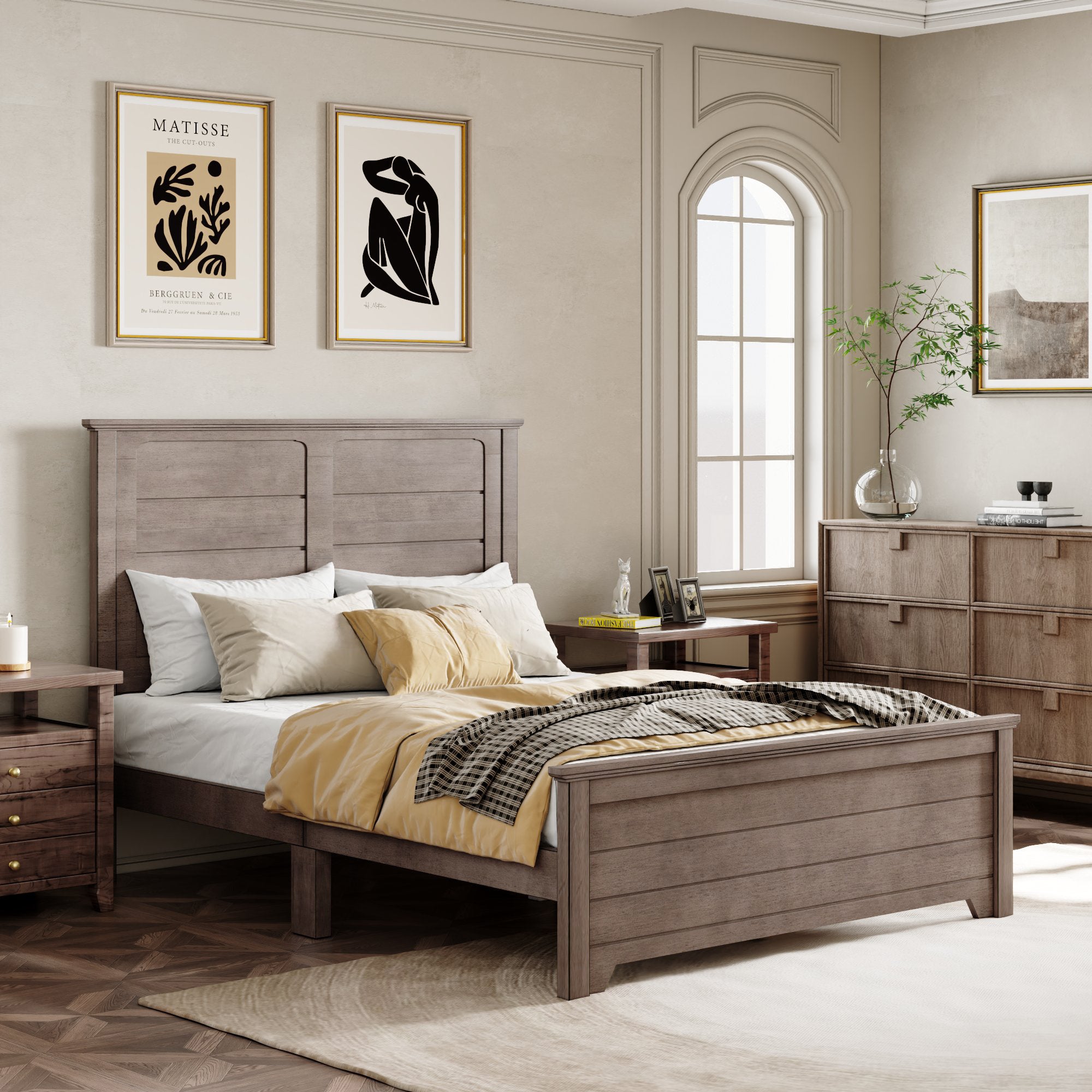 Farmhouse Solid Wood Platform Queen Size Bed with Panel Headboard in Ash Brown