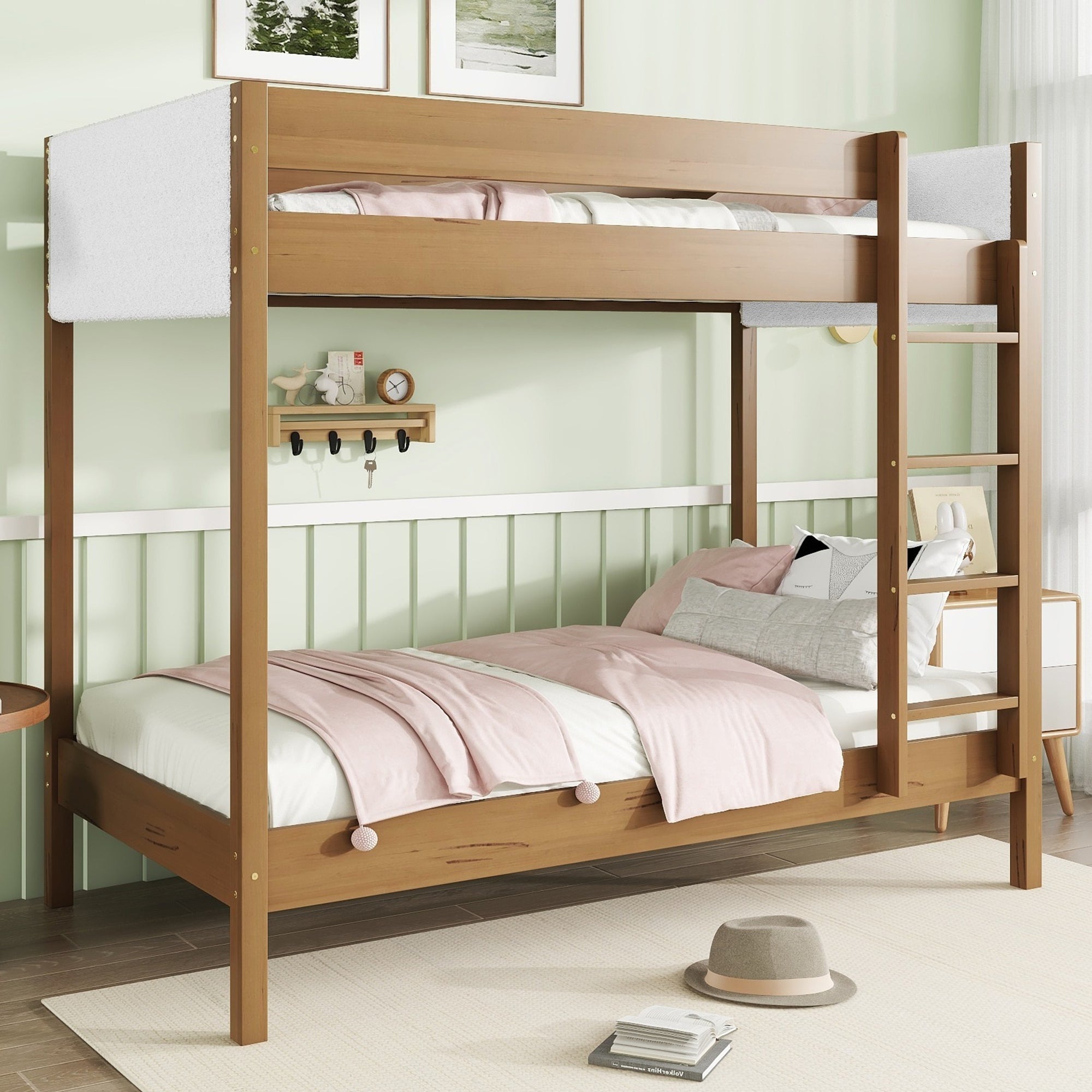 Twin Over Twin Bunk Bed with Upholstered Teddy Fleece Headboard and Footboard