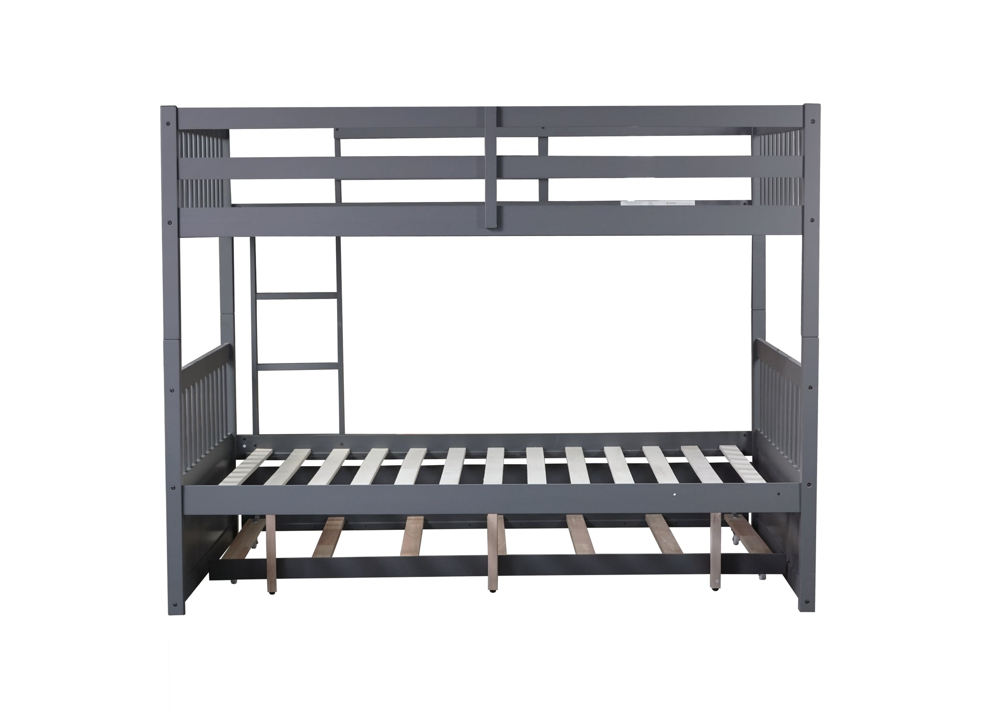 Dark Gray Full Over Full Rubber Wood Bunk Bed with Trundle, Ladder, and Guardrails