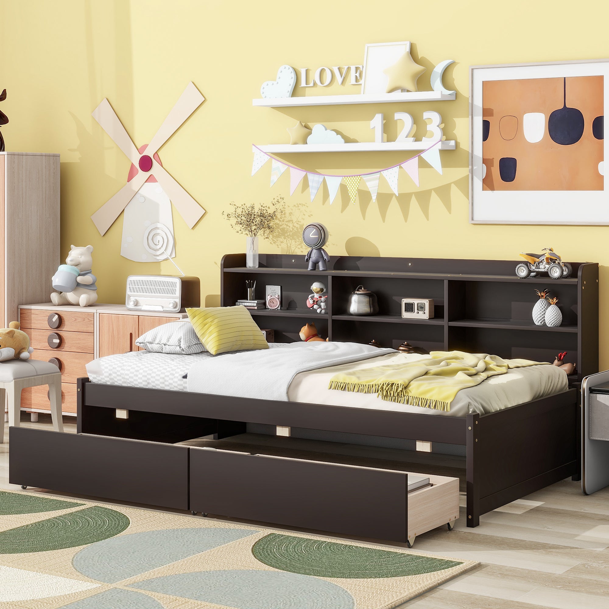 Twin Bed with Side Bookcase & Storage Drawers In Espresso