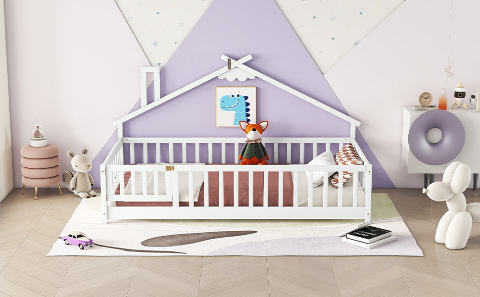 Twin House-Shaped Bedside Toddler Floor Bed with Guardrails, Slats & Door