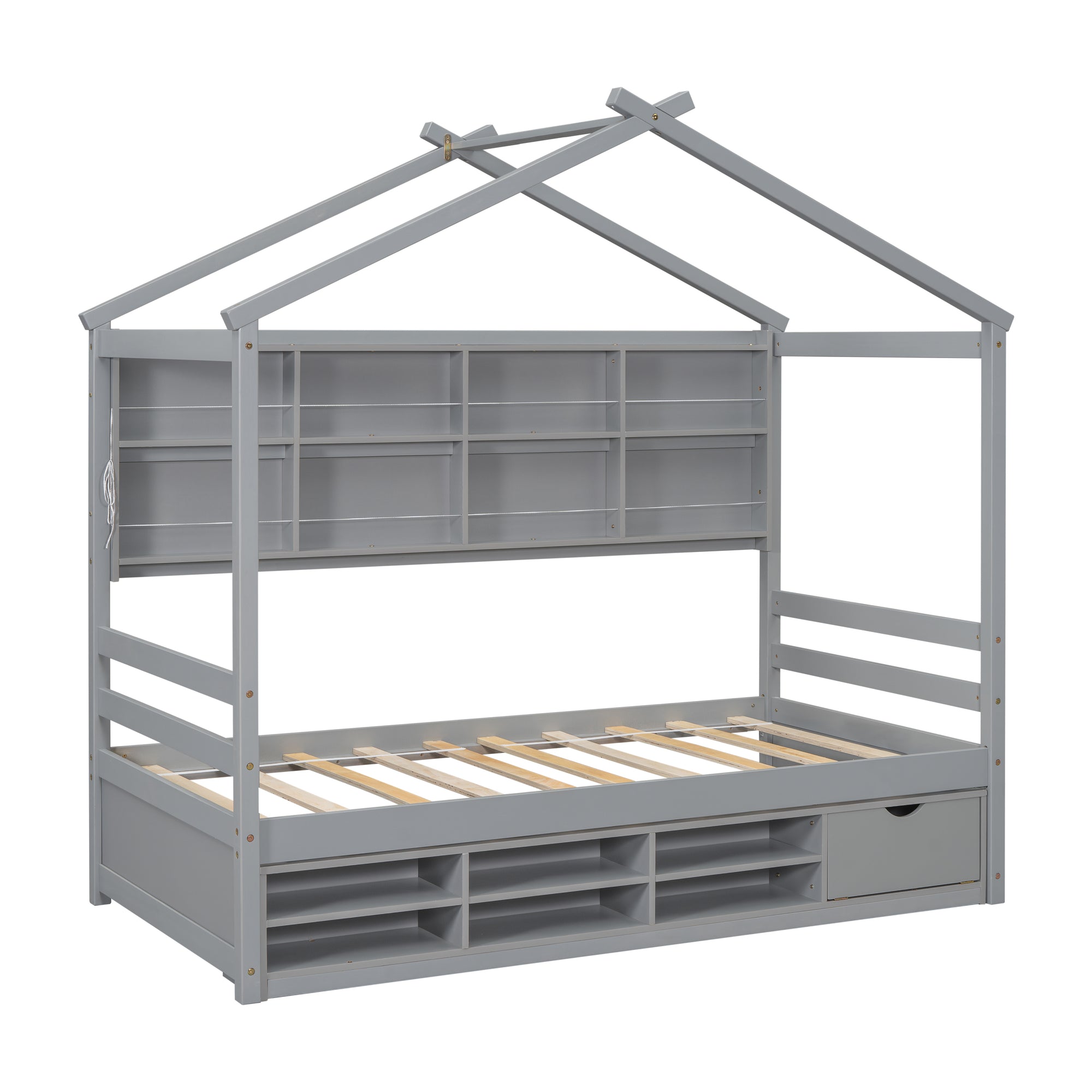 Gray Twin House Bed with Roof Frame, Bedside Shelves & Under-Bed Storage Unit