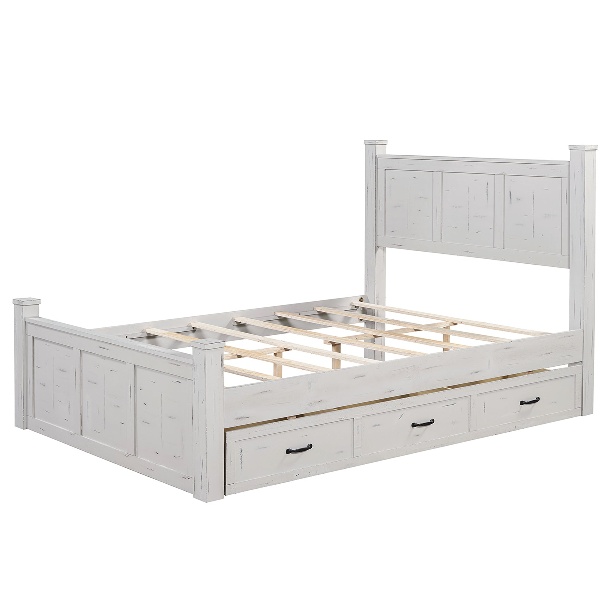 Ancient White Queen Size Farmhouse Bed Frame with Storage Drawers