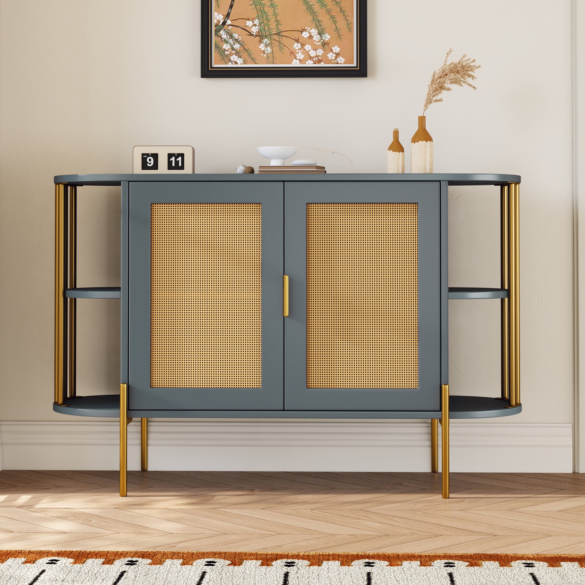 Elegant Curved Dining Cabinet with Woven Rattan Doors and Gold Trim In Dark Gray