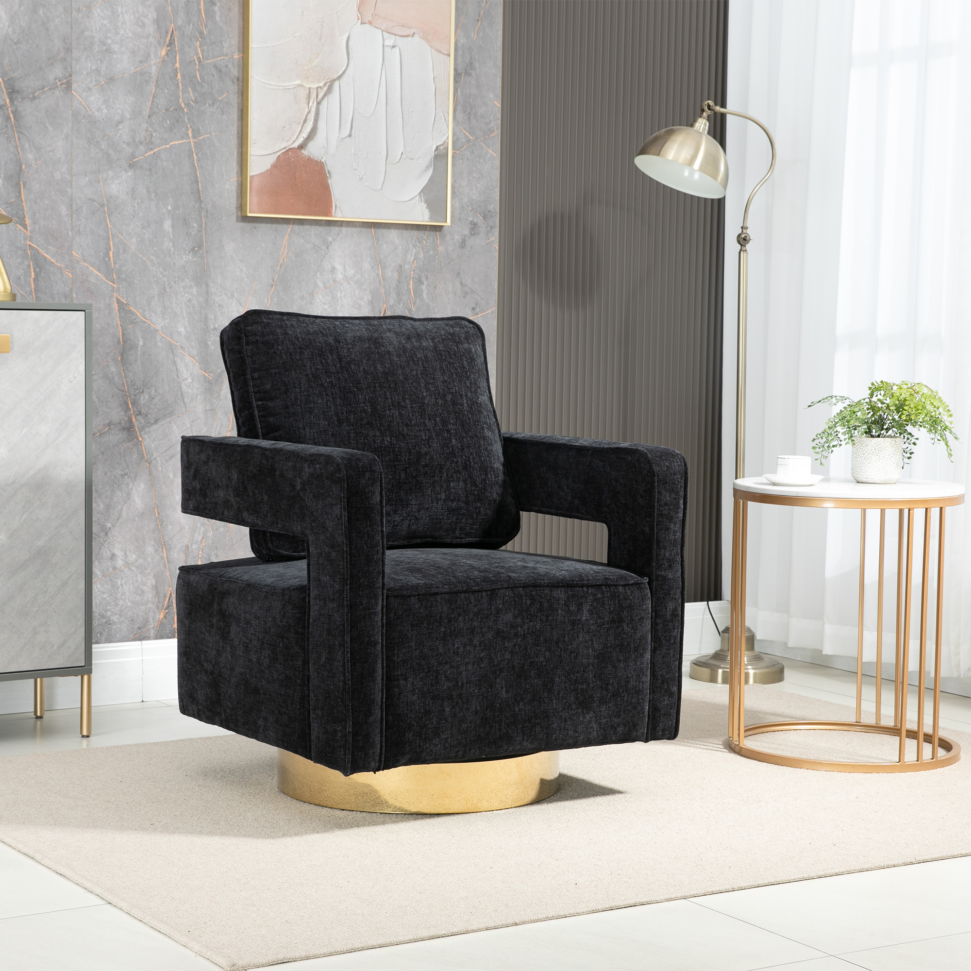 Open Back Black Chenille Swivel Accent Chair With Gold Stainless Steel Base