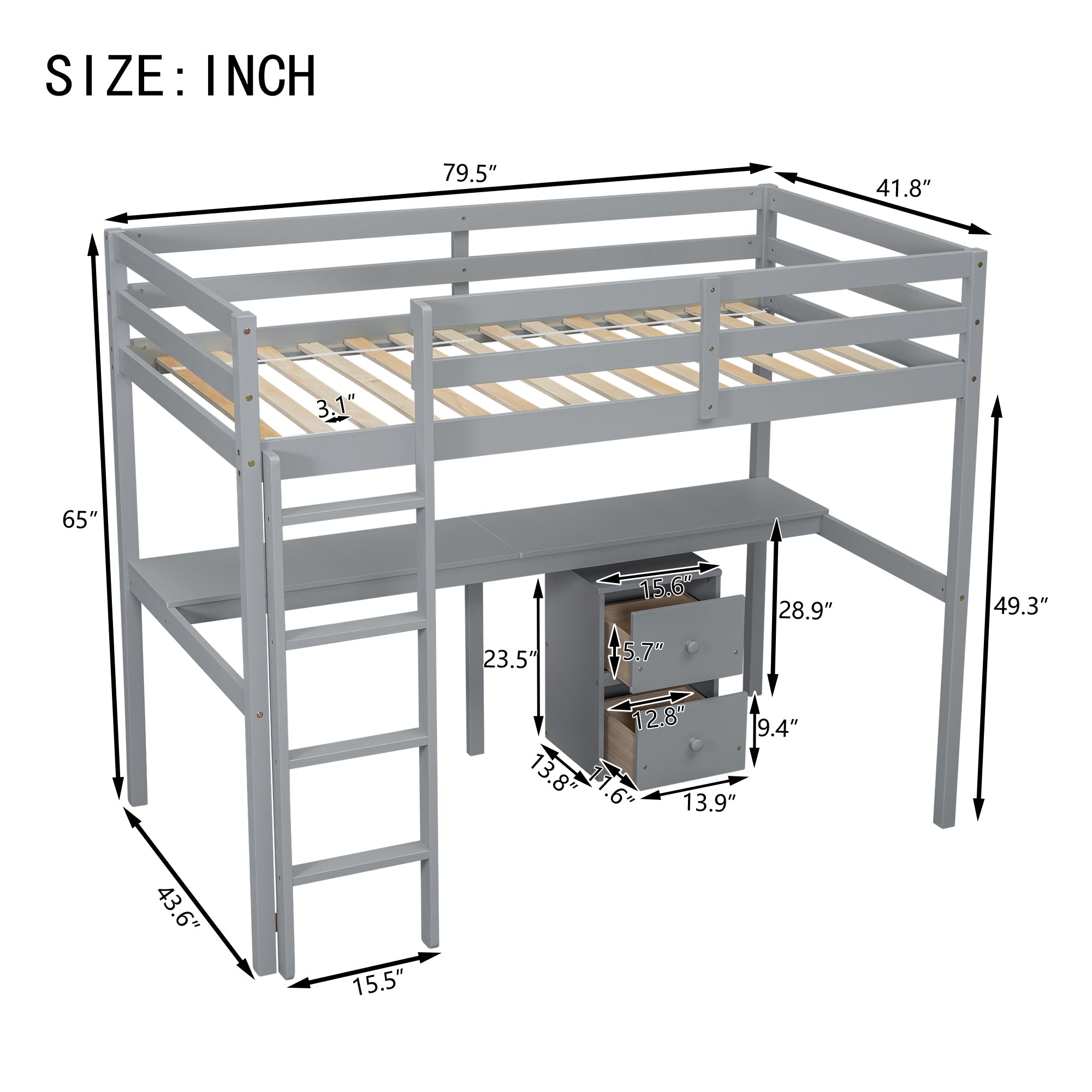 Twin Loft Wood Bed with Built-in Desk, Storage Cabinet, and Ladder