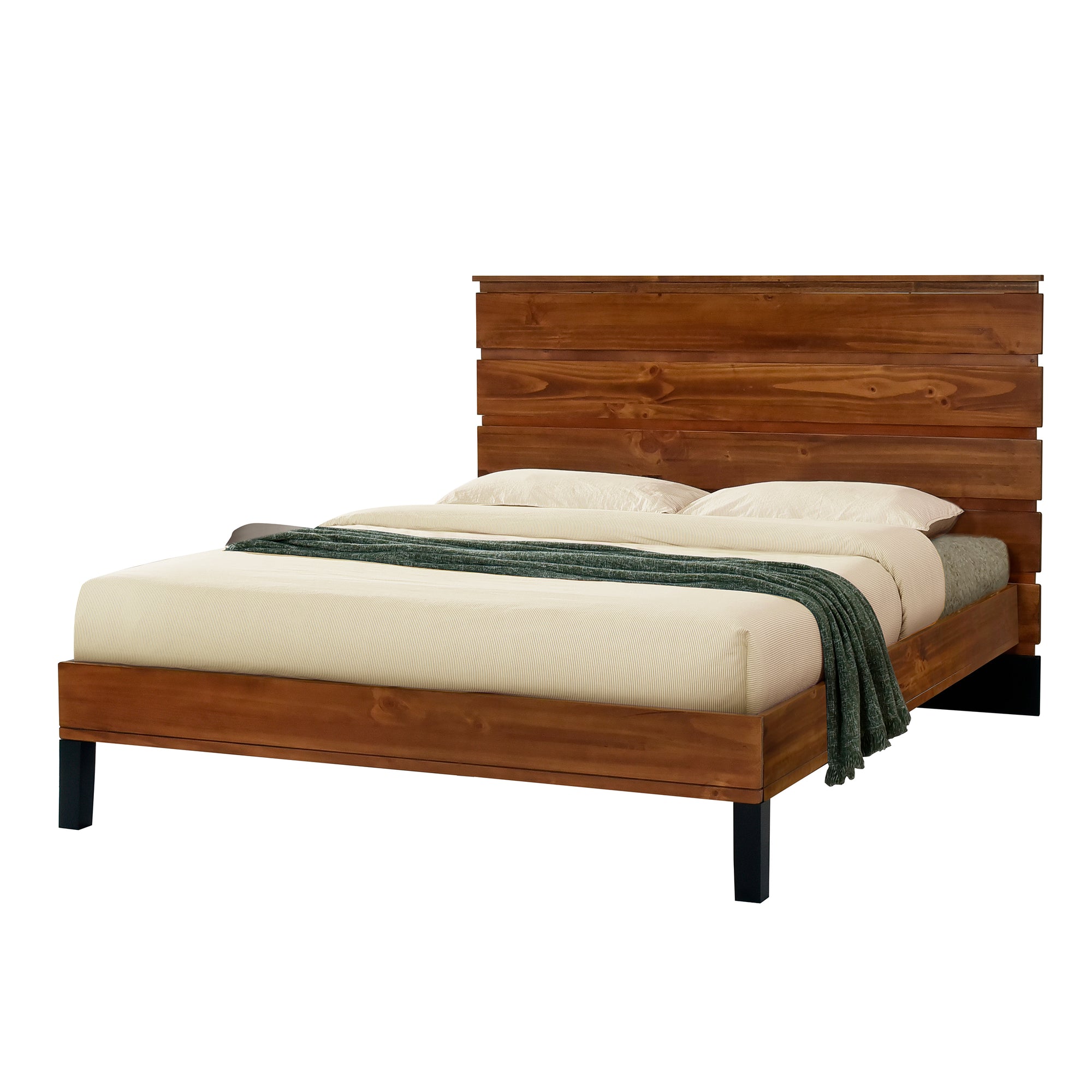 Mid-Century Modern Queen Bed with Six-Piece Solid Pinewood Headboard in Brown