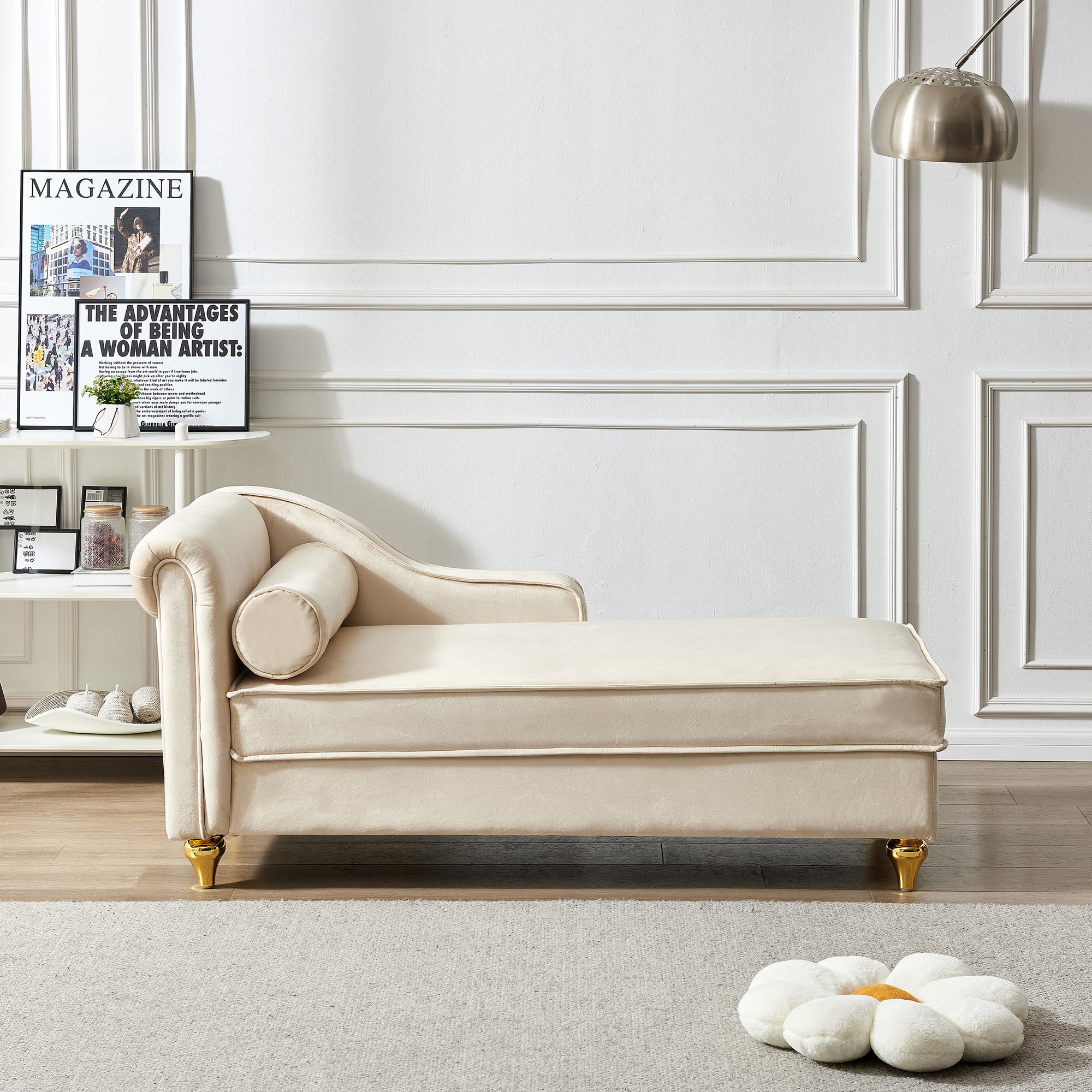 Beige Velvet Chaise Lounge With Storage