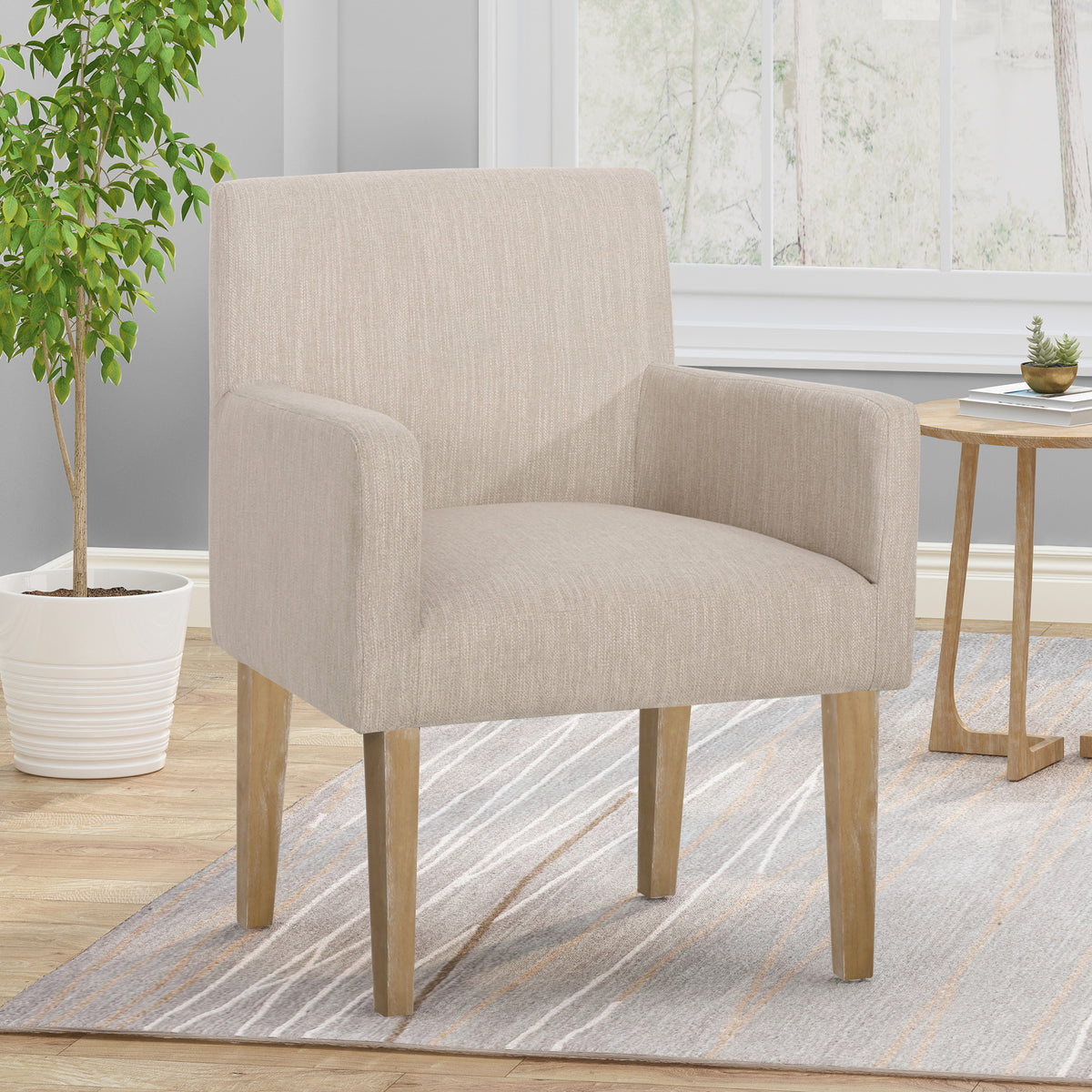 Beige Brown Fabric Armchair with Rubberwood Legs