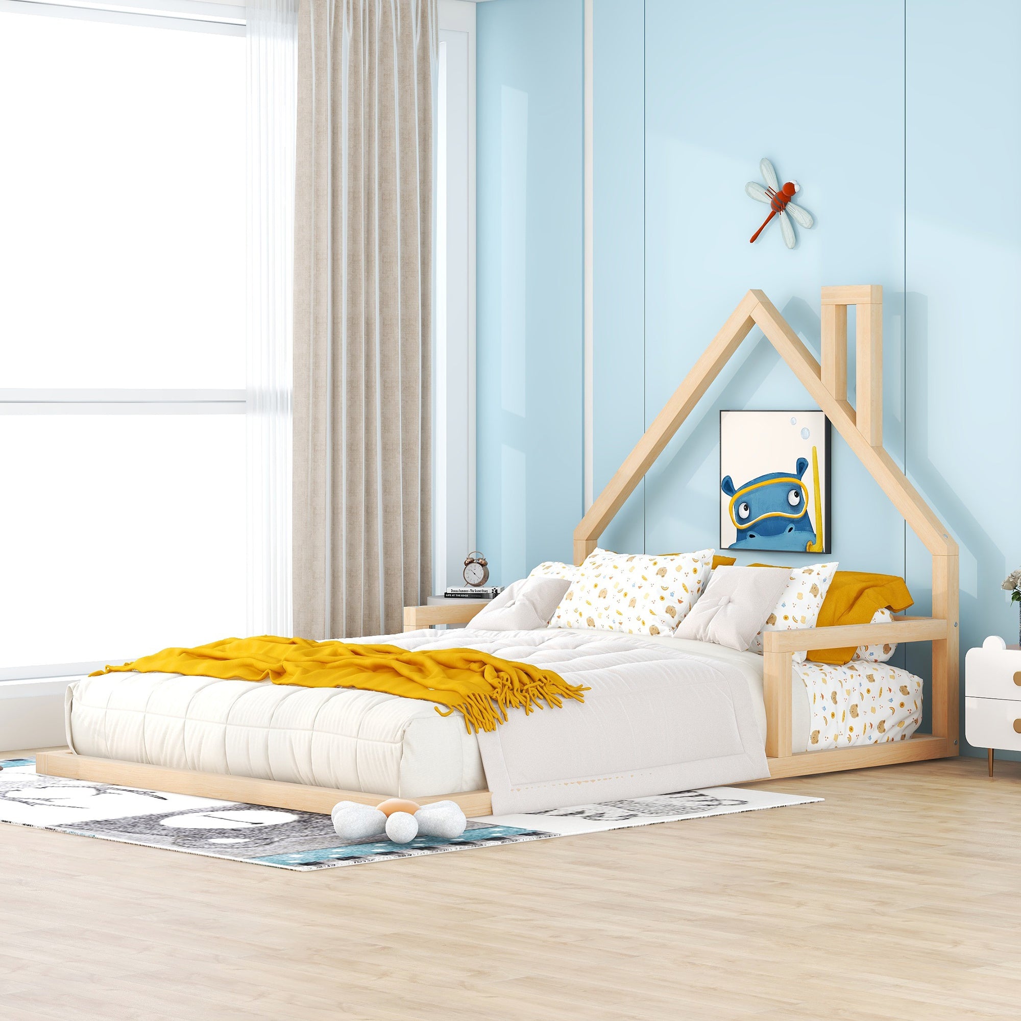 Full Size Wood Floor Bed with House-shaped Headboard Natural In Natural