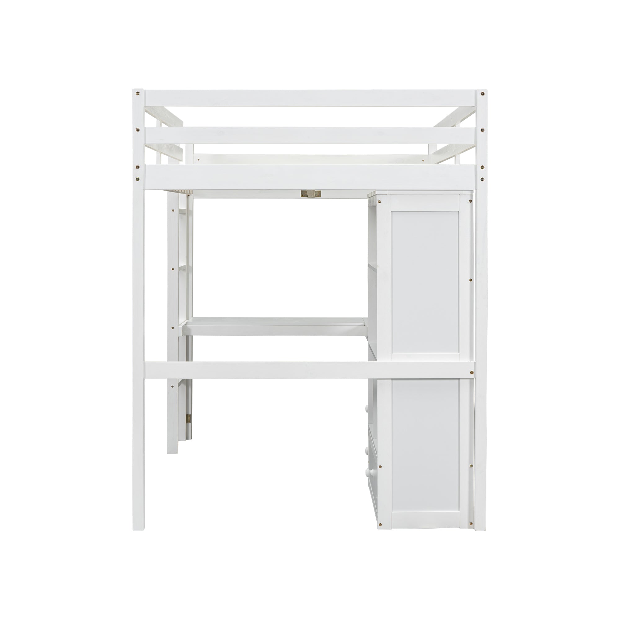 White Full Size Loft Bed with Desk, Storage Shelves, Drawers, and Built-in Ladder