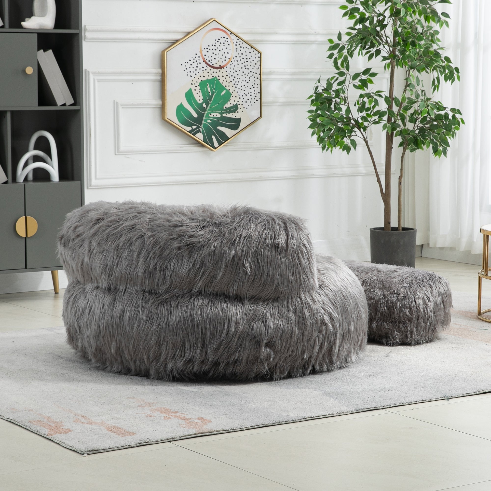 Shaggy Bean Bag Chair with Ottoman and Handle In Gray