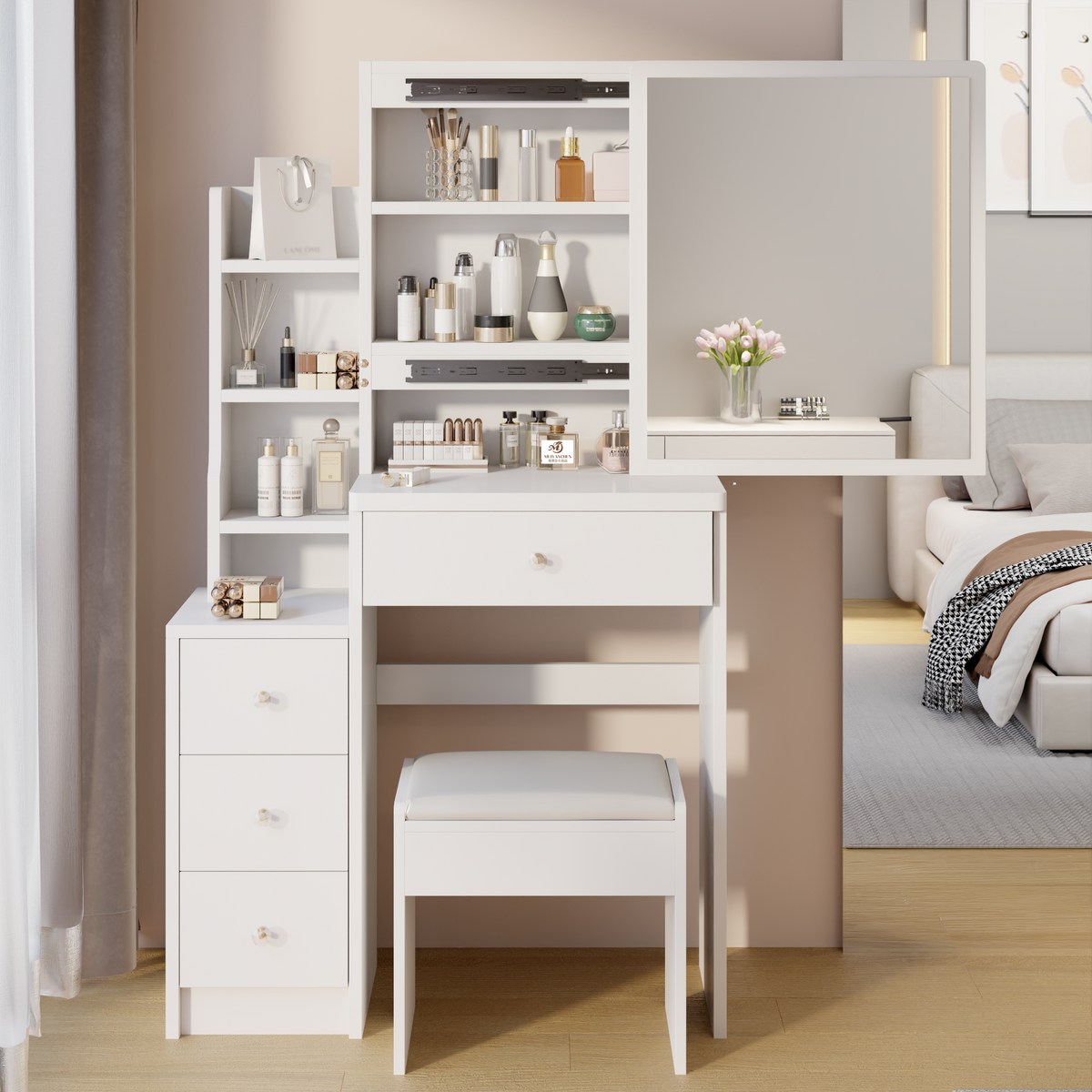 Small Space Left Bedside Cabinet Vanity Table With Cushioned Stool Extra Large Right Sliding Mirror Multi Layer Storage Practical Dresser In White