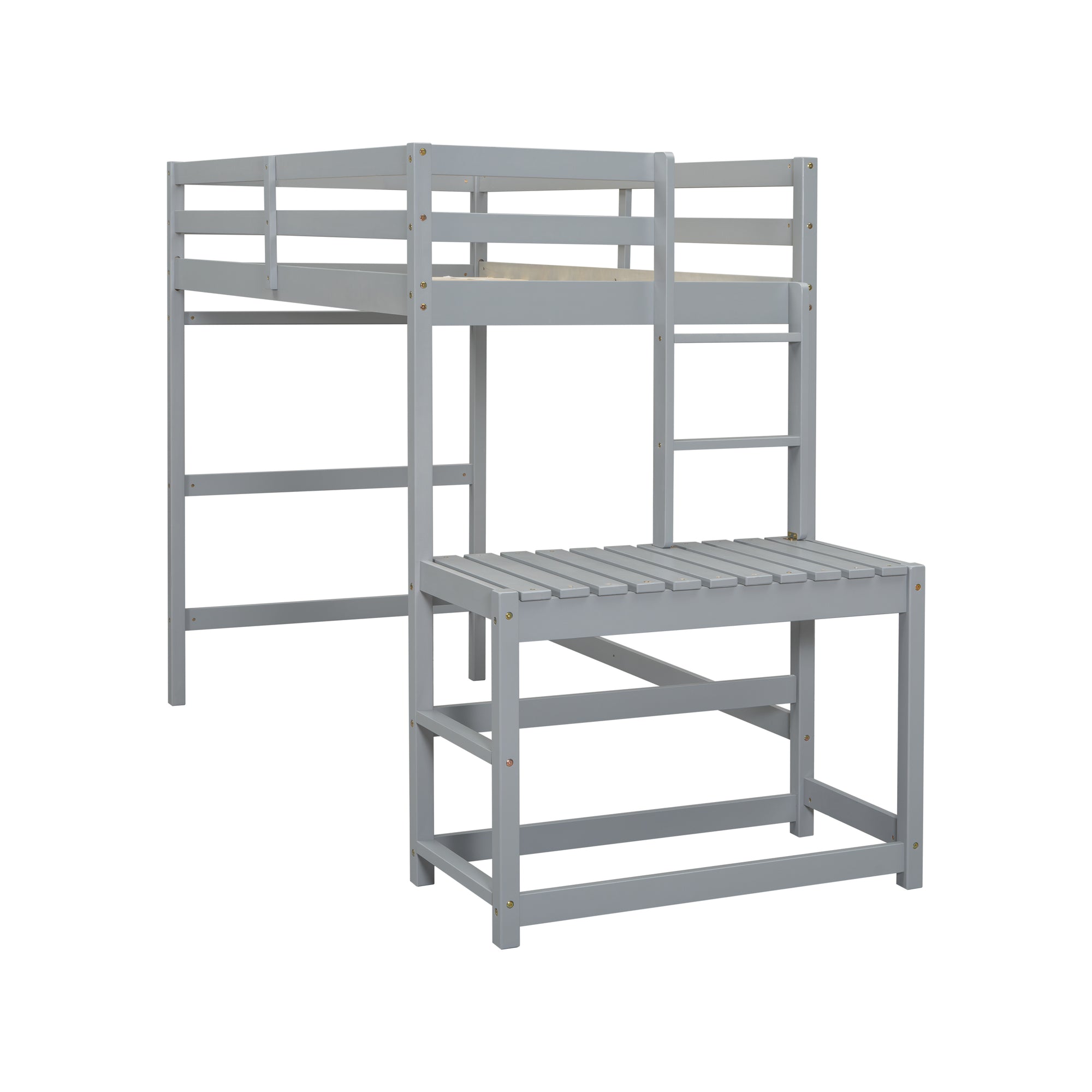 Gray Twin High Loft Bed with Ladder Landing Platform and Guardrails