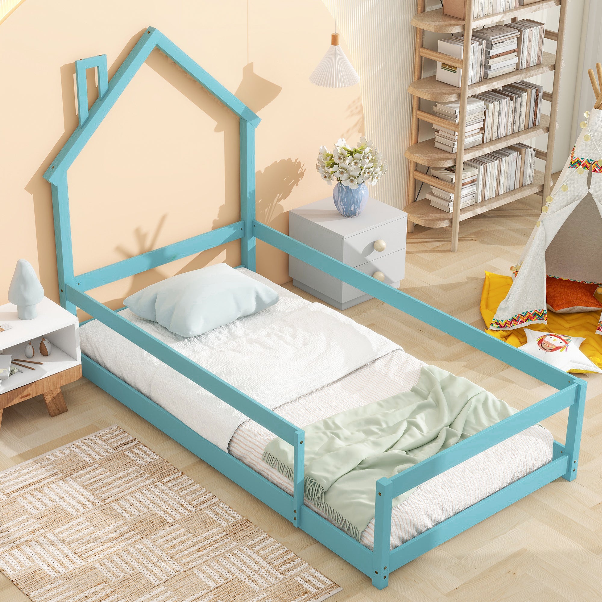 Light Blue Twin Size Wood Toddler Floor Bed with House-Shaped Headboard & Guardrails