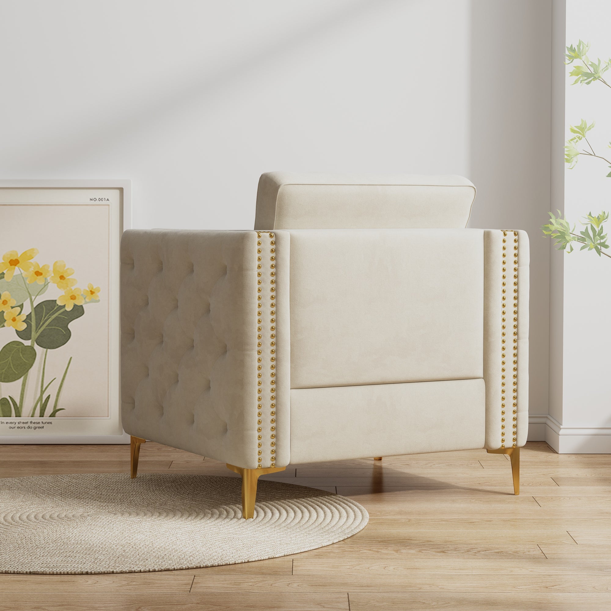 Beige Velvet Accent Chair with Gold Metal Legs