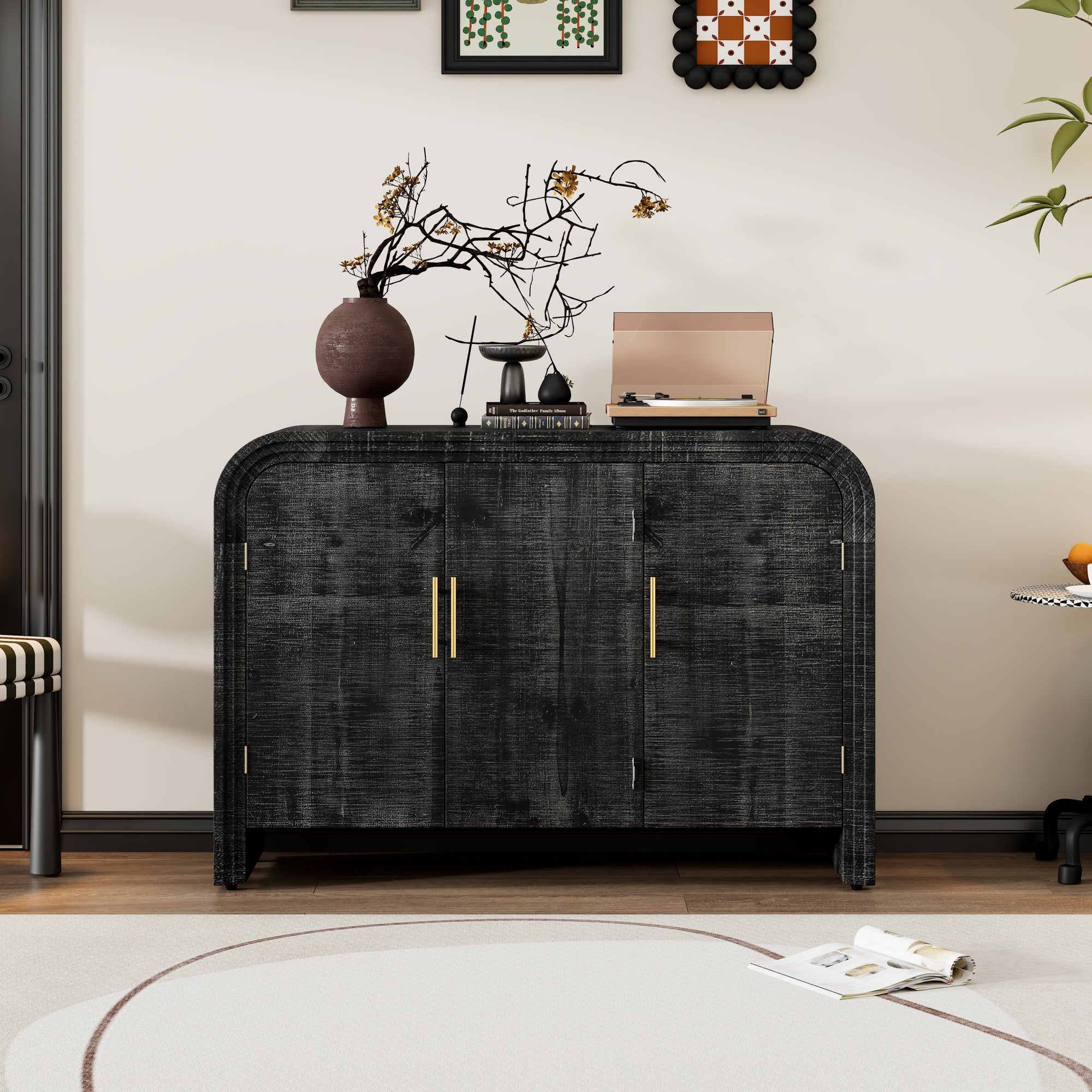 Retro Minimalist Curved Sideboard with Gold Handles and Adjustable Dividers for Living Room or Dining Room In Antique Black