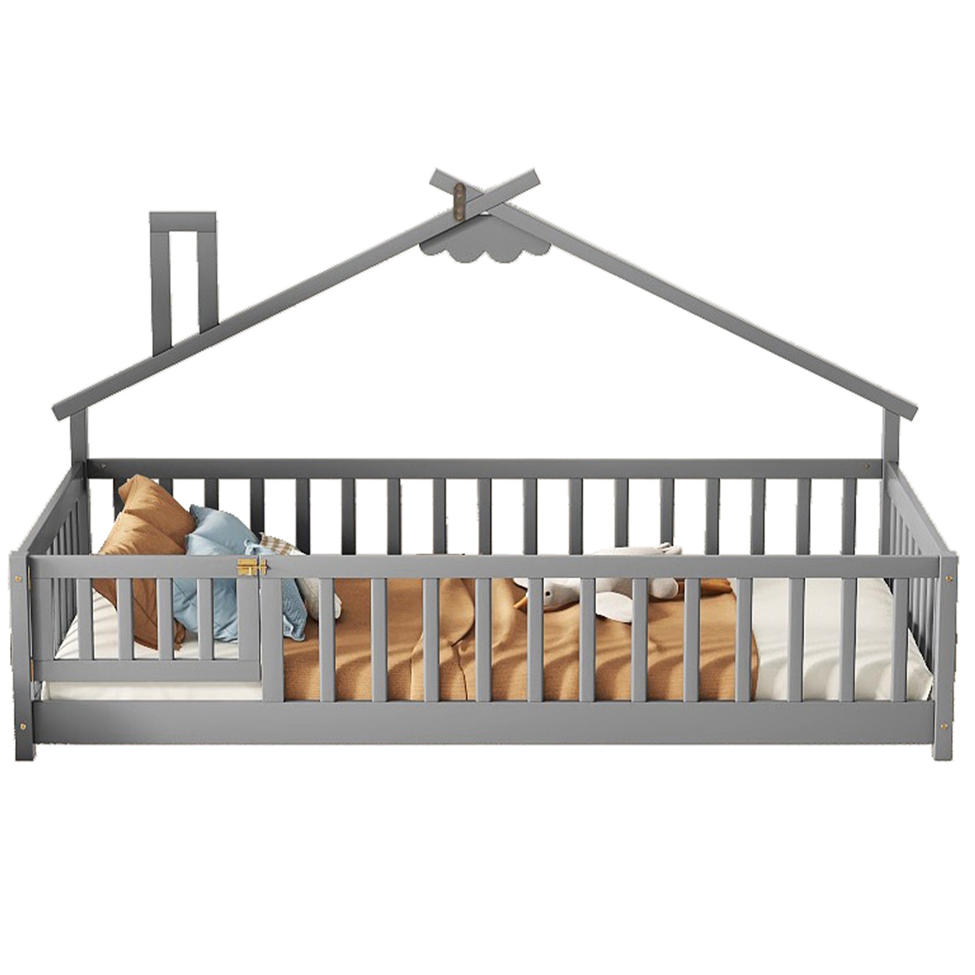 Twin House-Shaped Bedside Toddler Floor Bed with Guardrails and Door in Gray