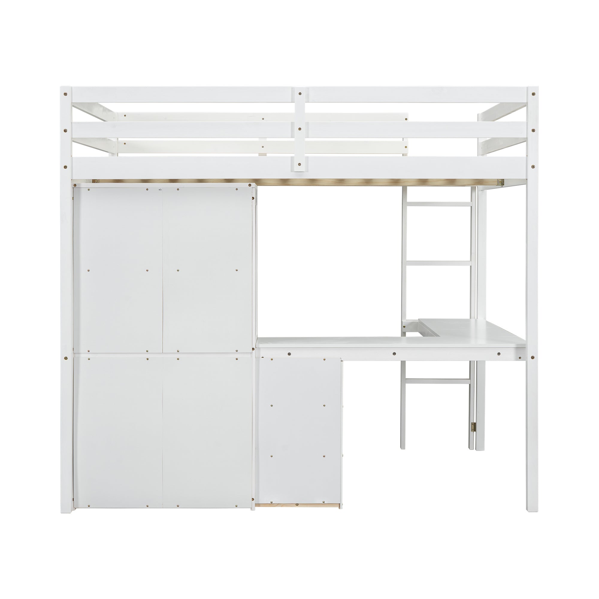 White Full Size Loft Bed with Desk, Storage Shelves, Drawers, and Built-in Ladder