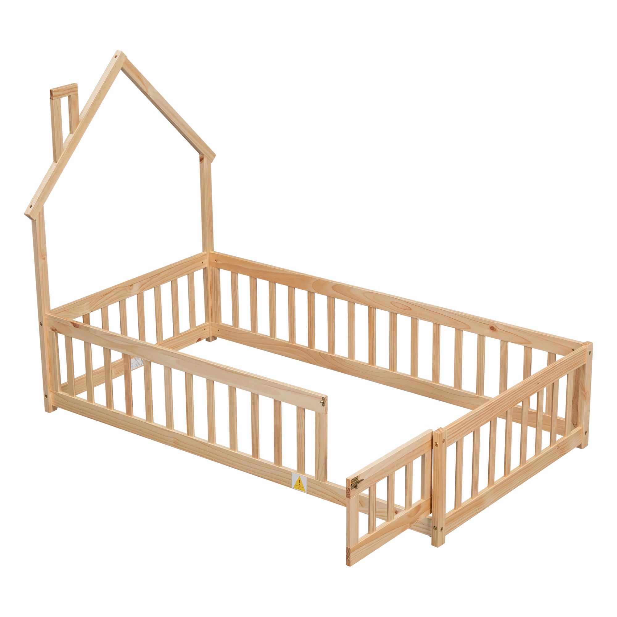 Natural Twin House-Shaped Headboard Toddler Floor Bed with Fence