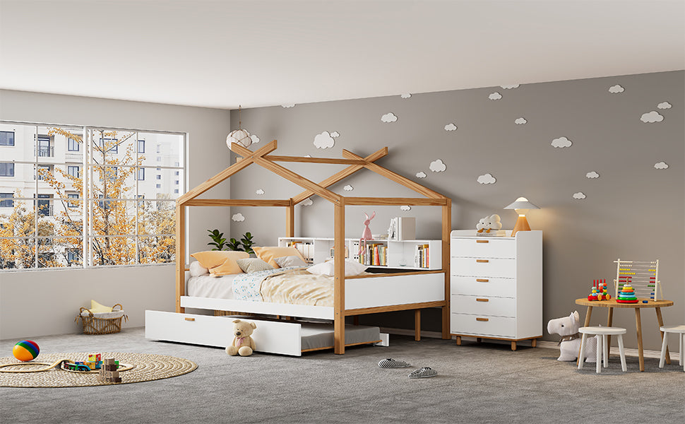 White and Natural Tone Full House Bed with Trundle and Bookshelf Storage