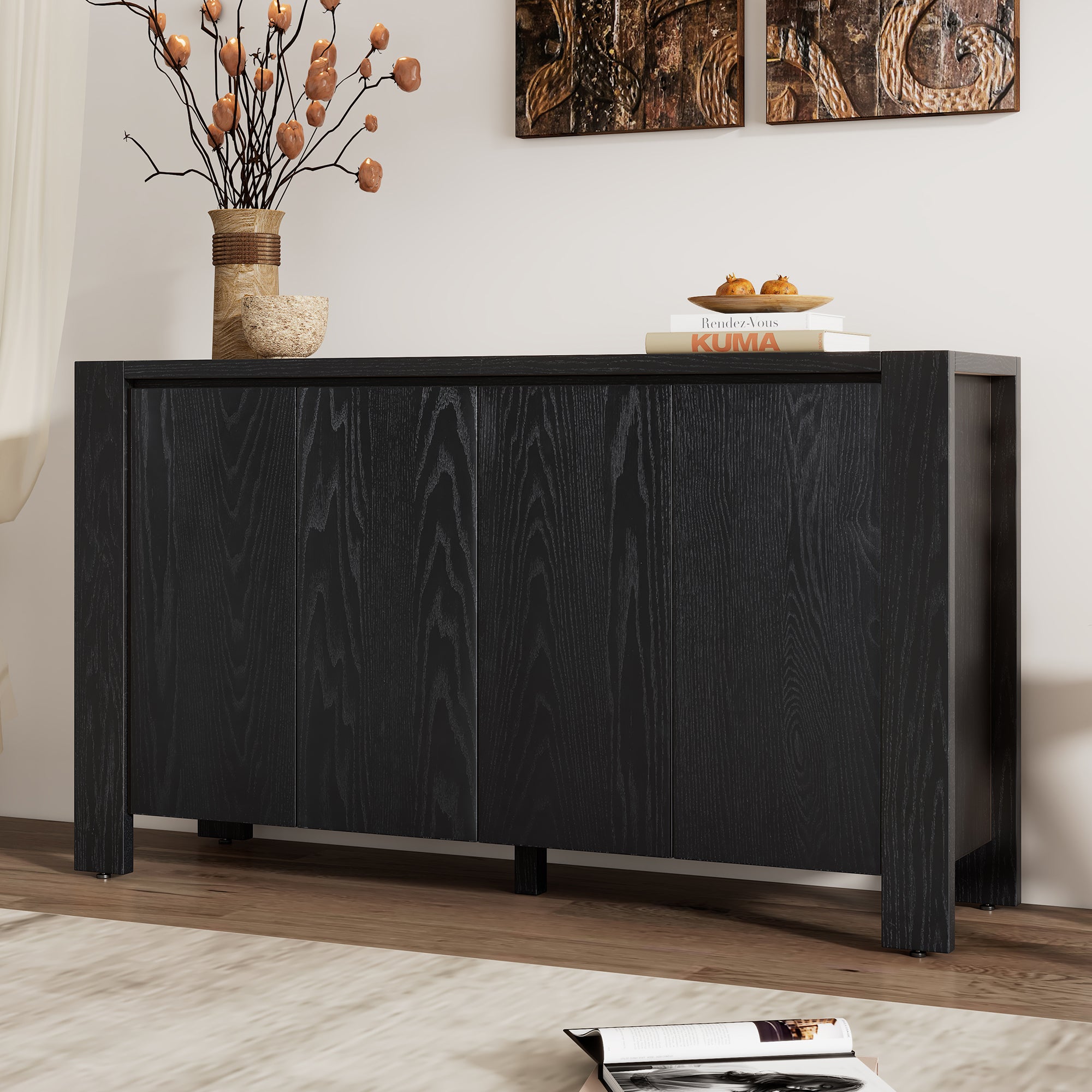 4-Door Retro Wood Buffet Cabinet with Storage and Adjustable Shelves In Black