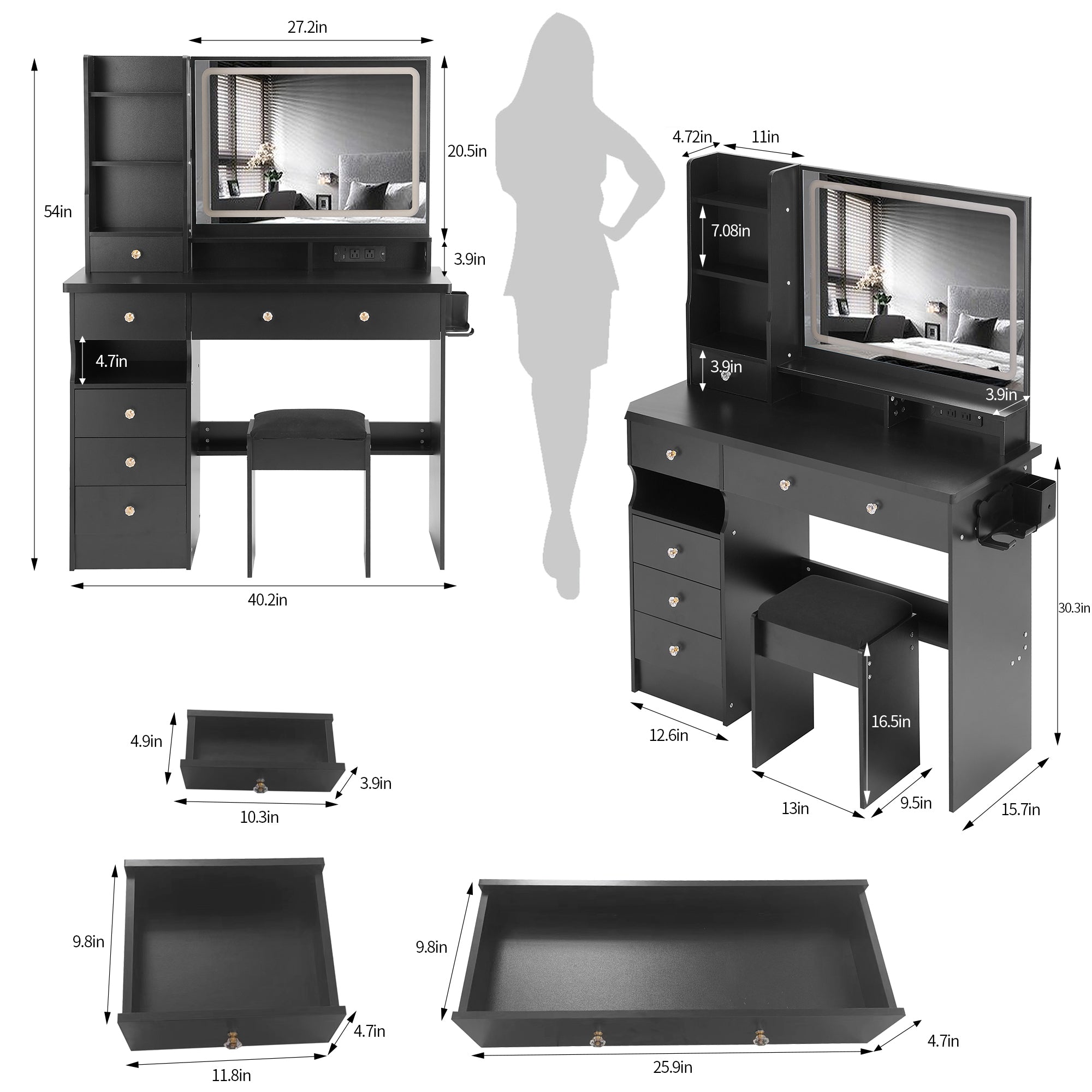 41 Inch Large Left Drawer Desktop Vanity Table Set with Cushioned Stool and Extra Large Touch Control LED Mirror In Black