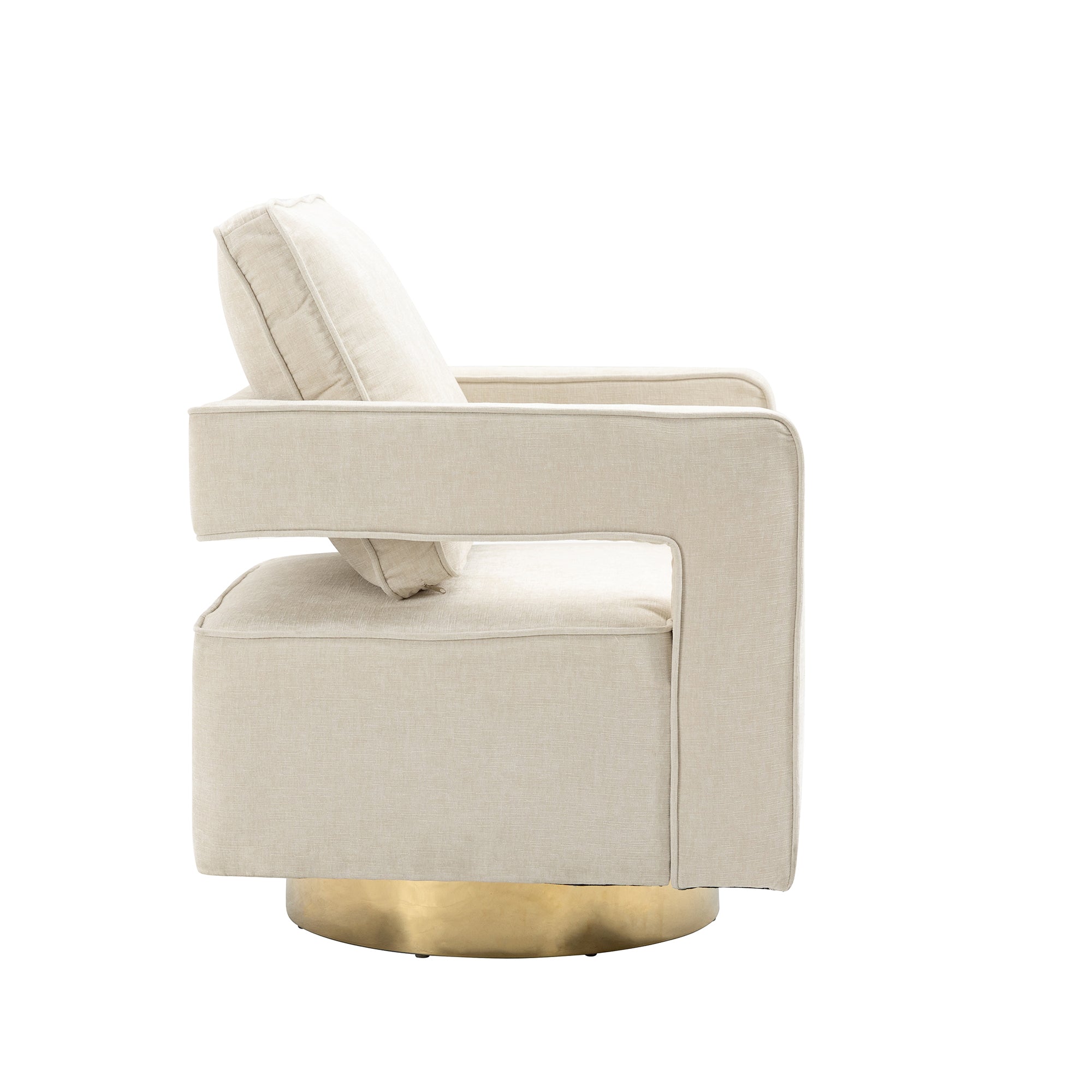 Open Back Beige Chenille Swivel Accent Chair With Gold Stainless Steel Base