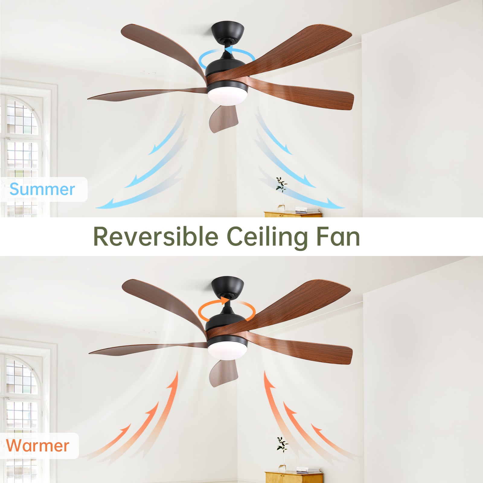 52" Modern Sleek Black Ceiling Fan With Light