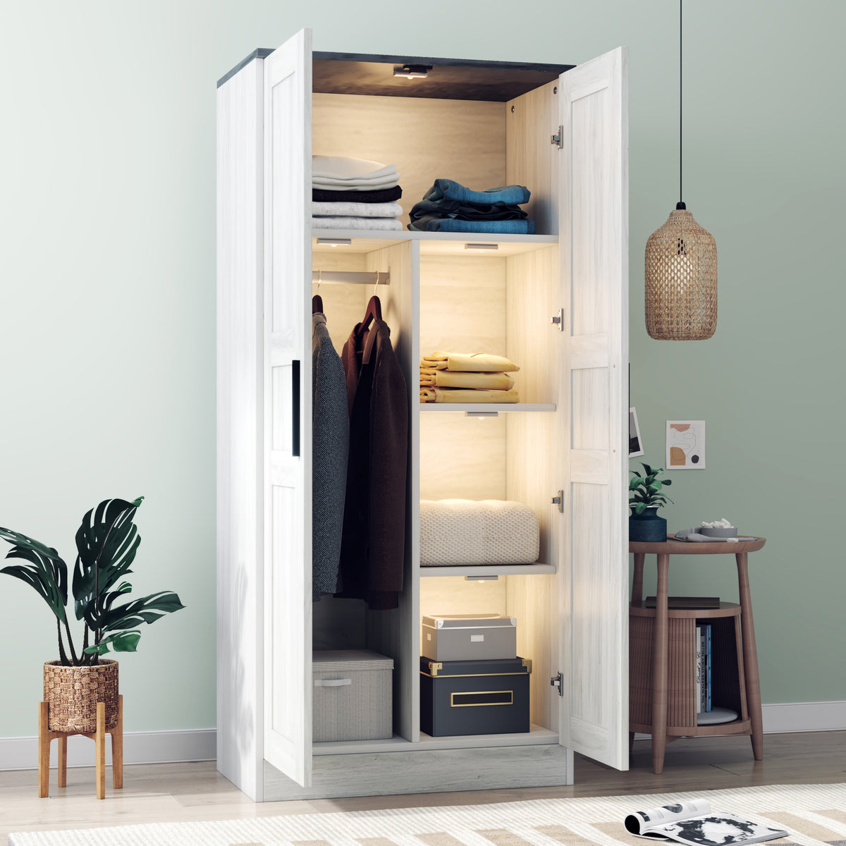 Elegant 2-Door Wooden Wardrobe Armoire with LED Lights and 4 Storage Shelves In Grey