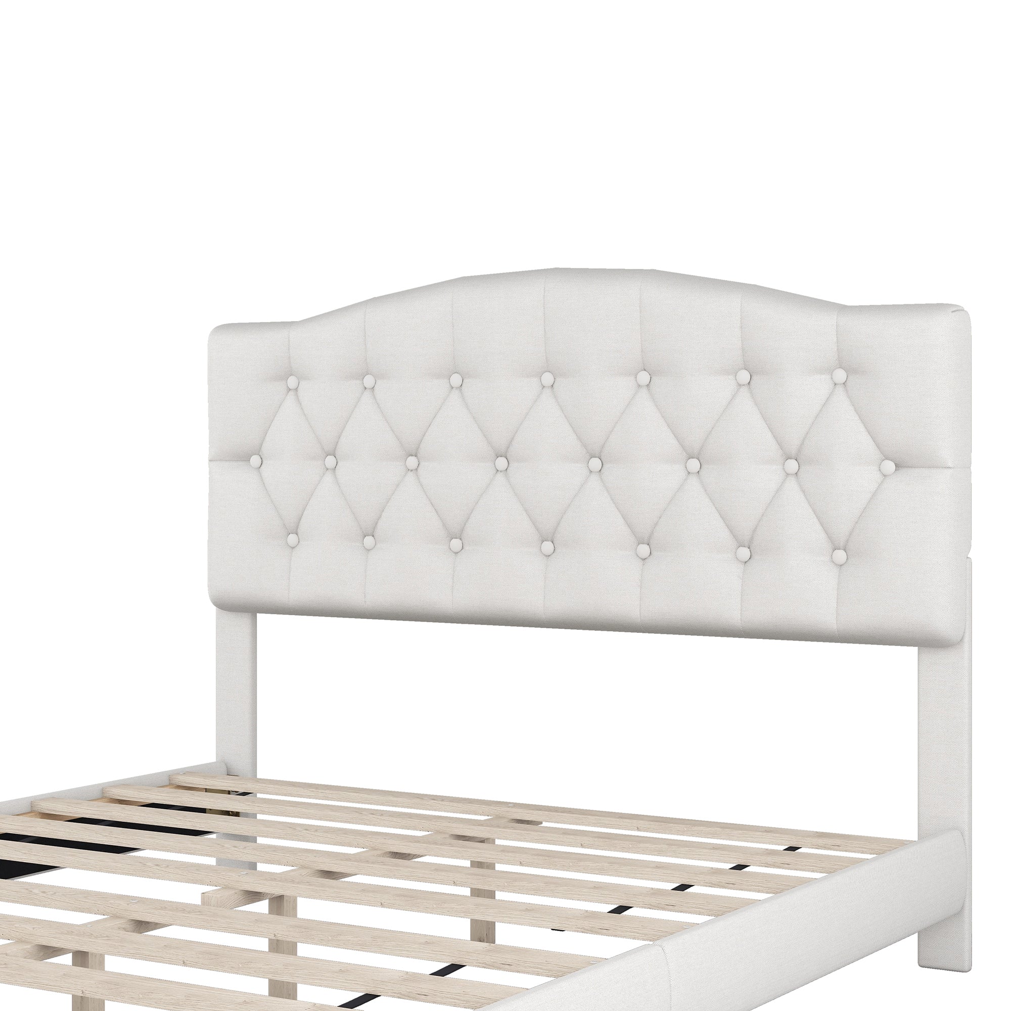 Beige Queen Size Upholstered Platform Bed with Diamond-Tufted Headboard