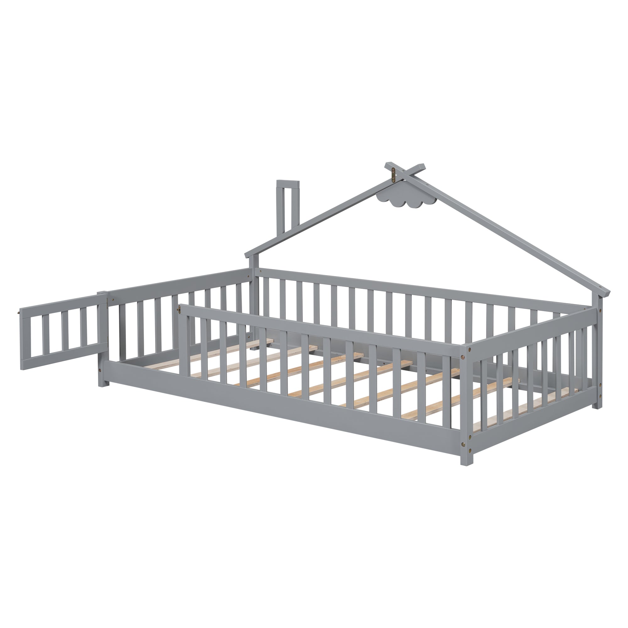 Twin House-Shaped Bedside Toddler Floor Bed with Guardrails and Door in Gray