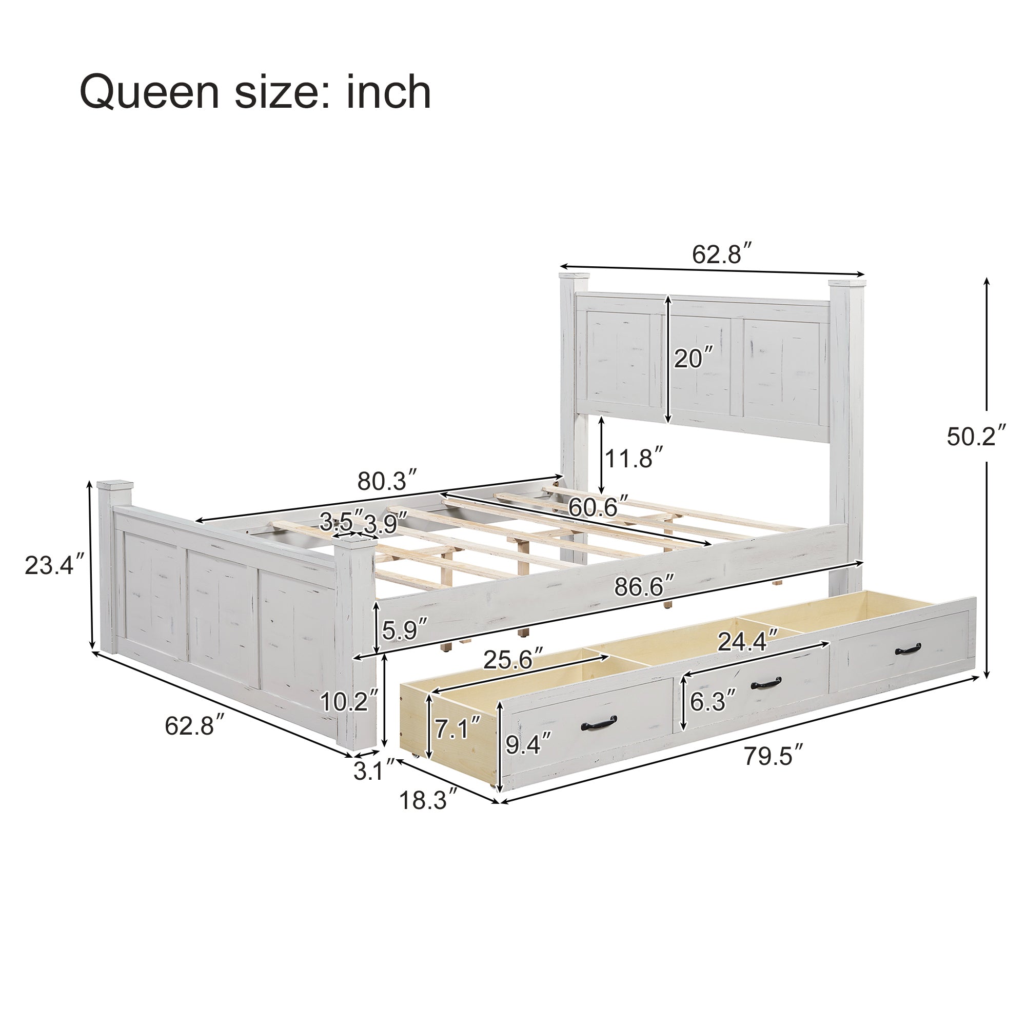 Ancient White Queen Size Farmhouse Bed Frame with Storage Drawers