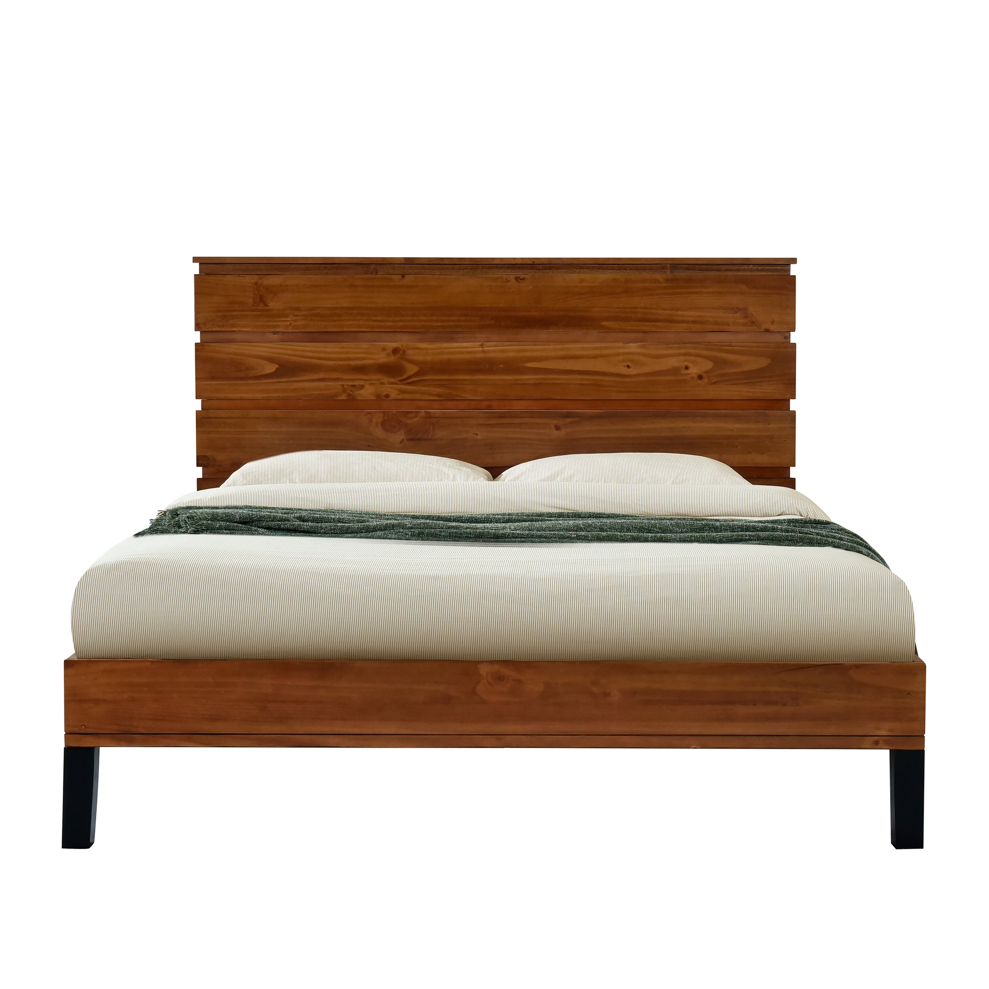 Mid-Century Modern Queen Bed with Six-Piece Solid Pinewood Headboard in Brown