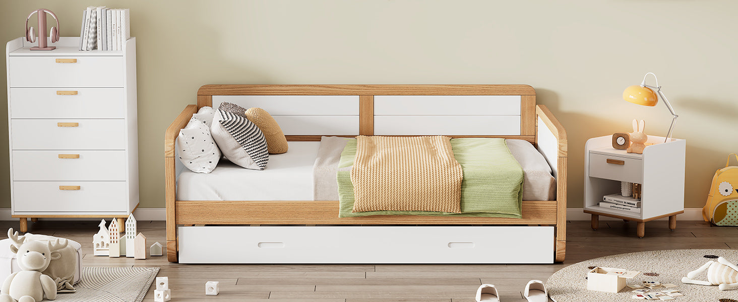 Twin Modern Daybed with Trundle in White & Walnut