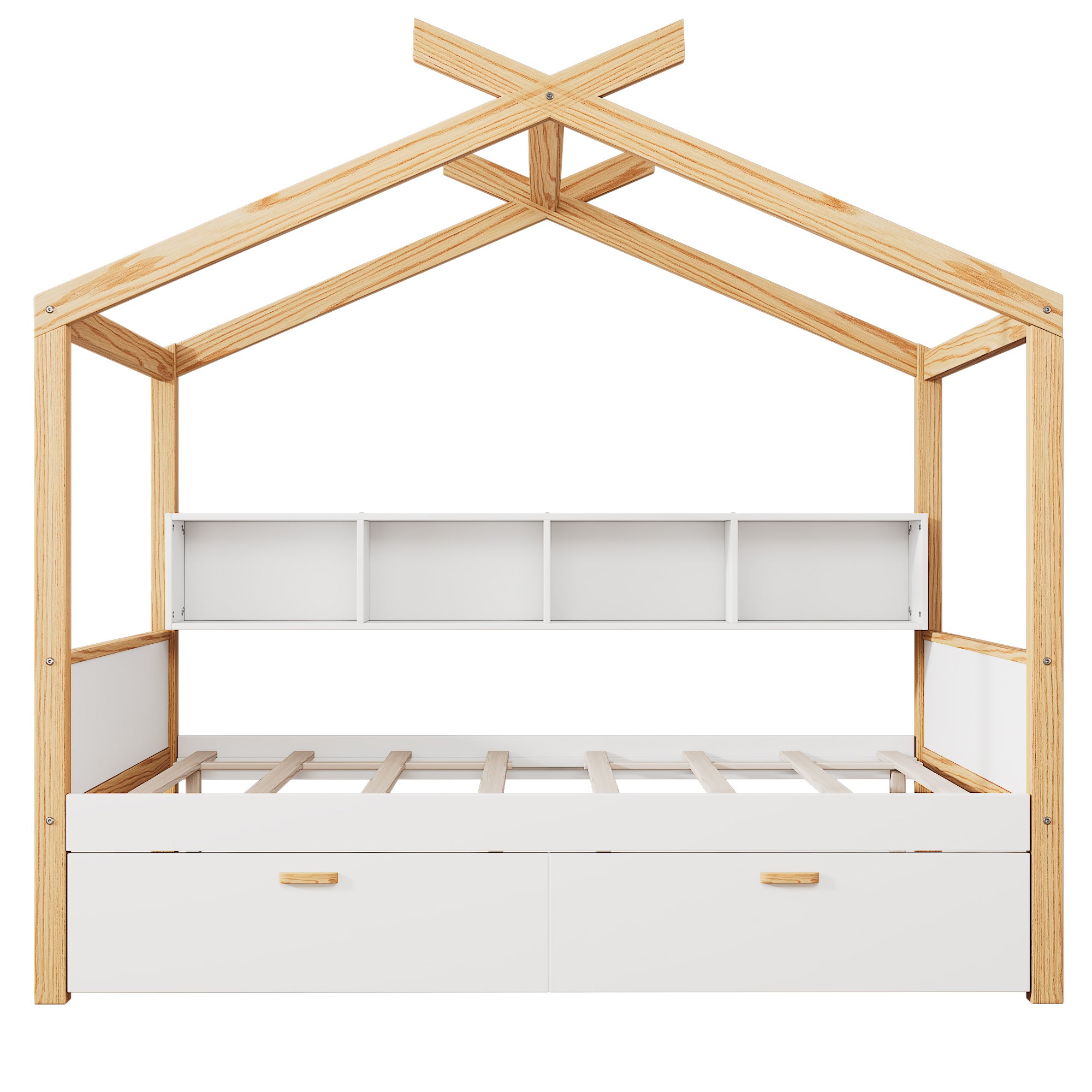 White and Natural Tone Full House Bed with Trundle and Bookshelf Storage