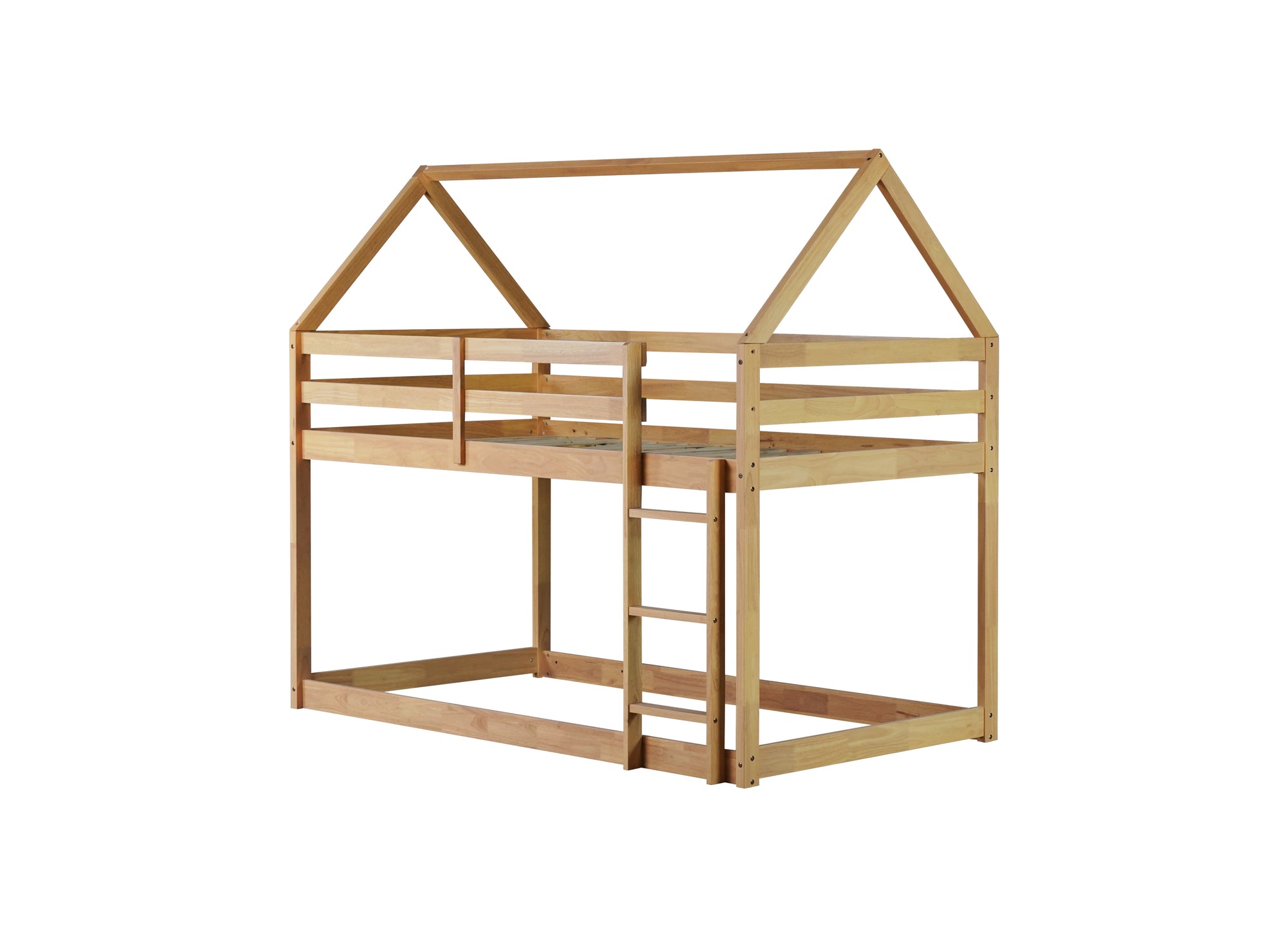 White Oak Twin Over Twin Rubber Wood House-Shaped Bunk Bed with Ladder & Guardrails