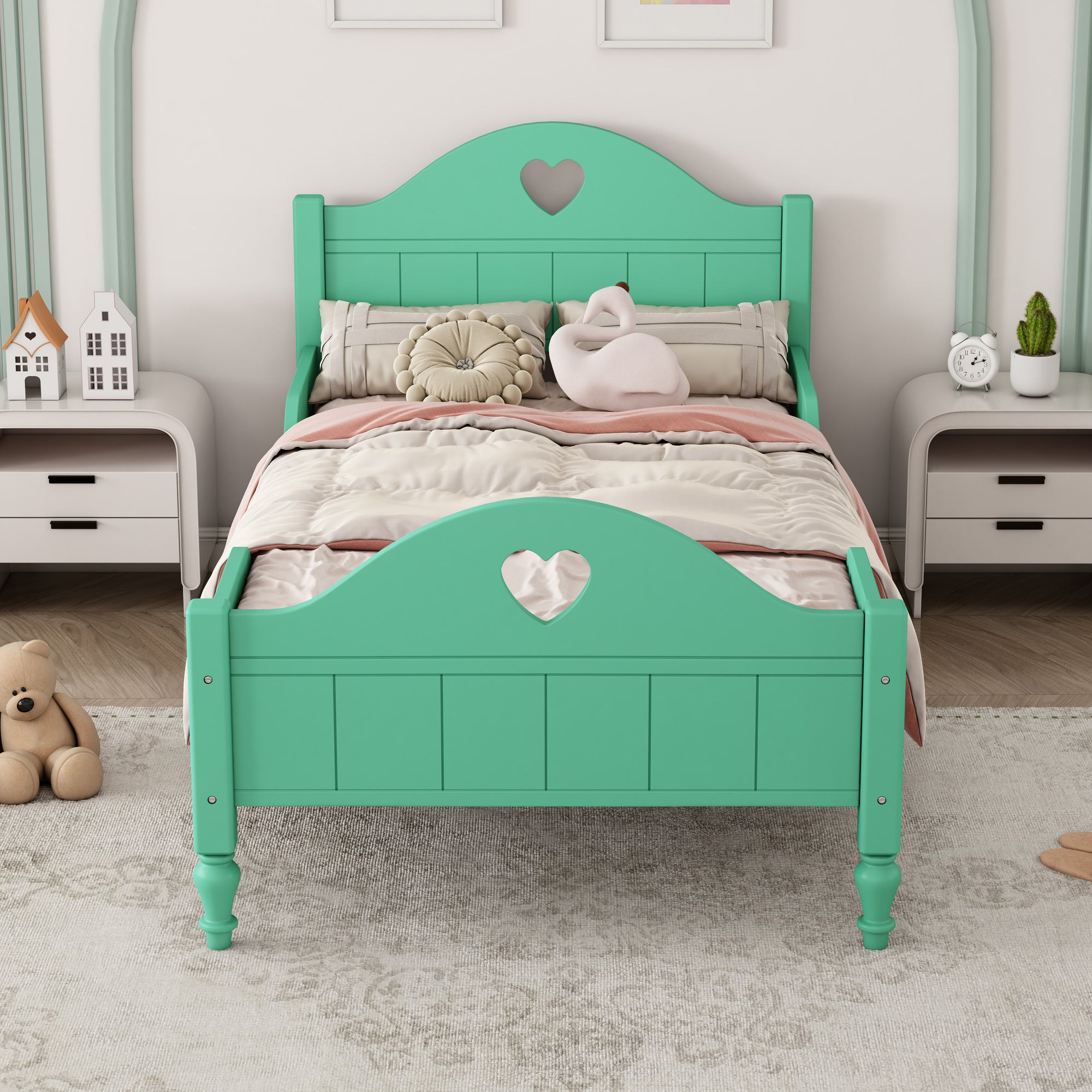 Seasoft Green Twin Macaron Toddler Bed Frame with Safety Rails