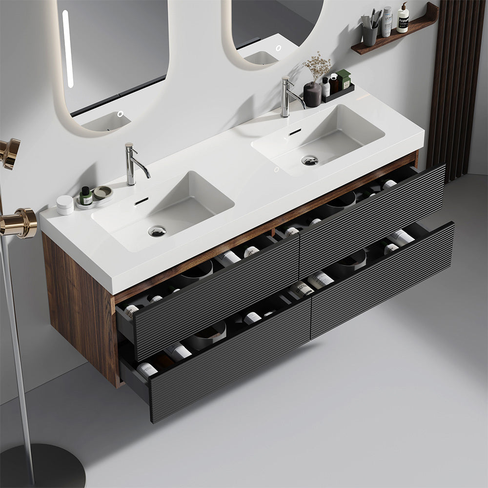Walnut Bathroom Vanity with Glossy White Sink Wall Mounted Floating Design In Black and Brown